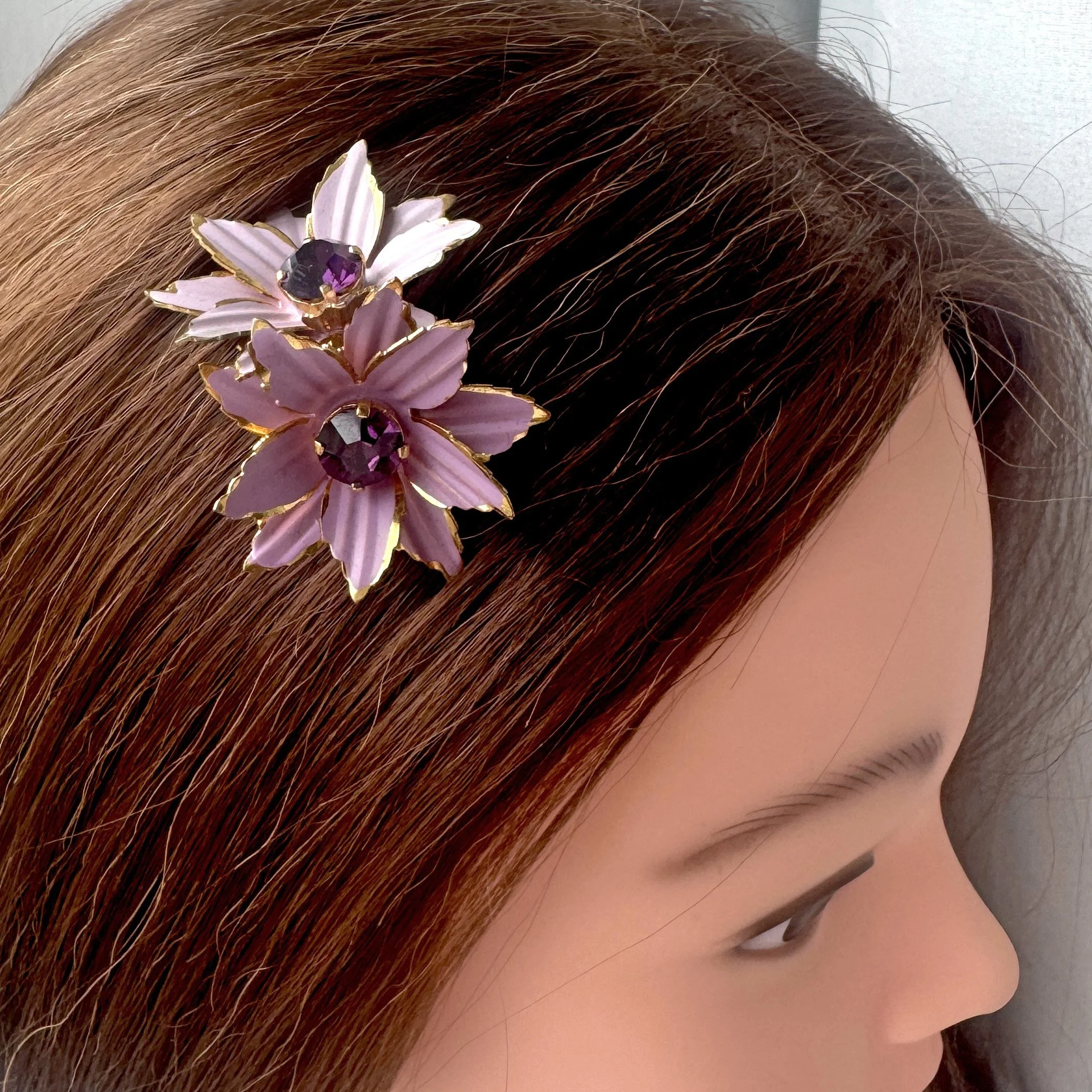 antique jewelled purple flower hair comb