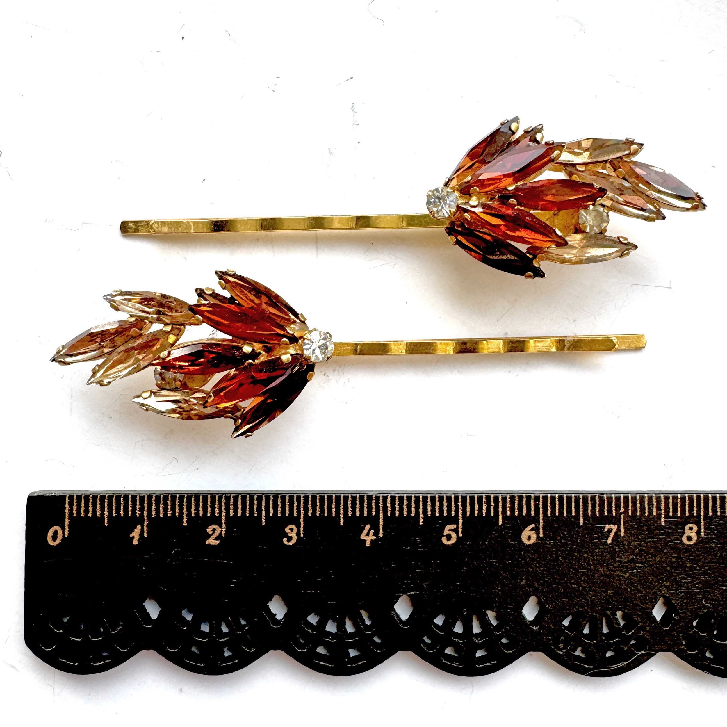 1950s vintage bobby pins, amber rhinestone bobby pins, vintage hair accessories