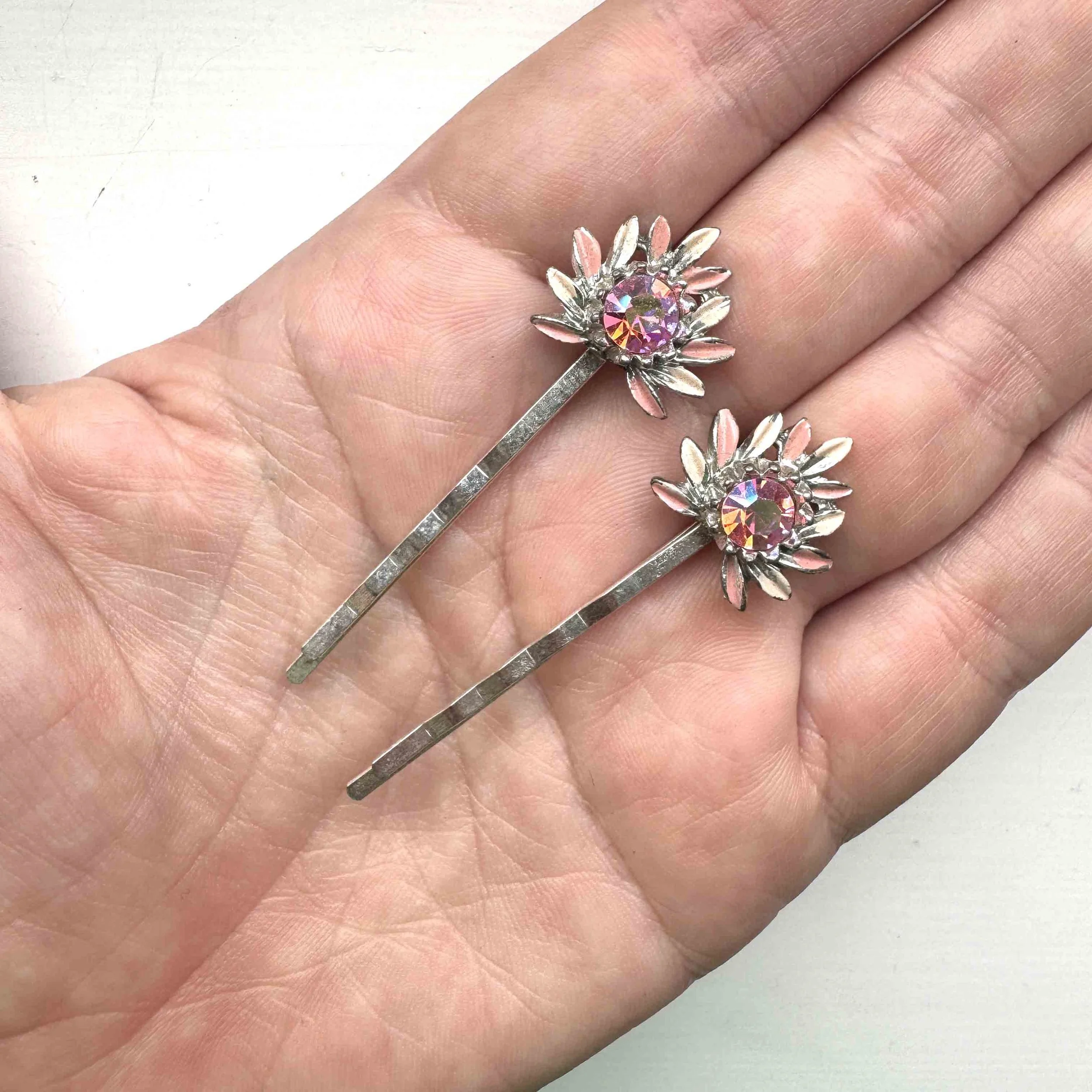 vintage aurora pink flower hair slides, vintage hair accessories