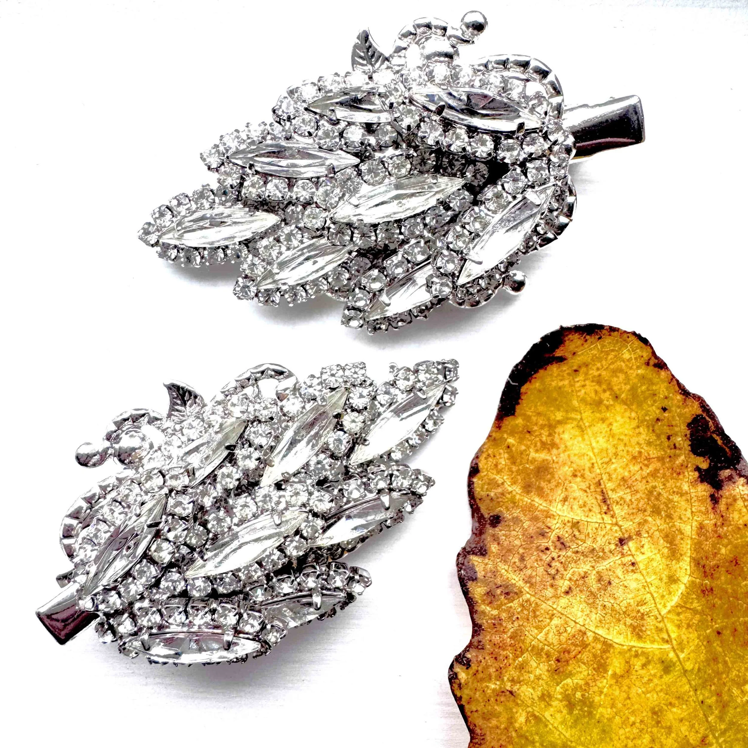 1950s vintage rhinestone silver hair clips - vintage hair accessories