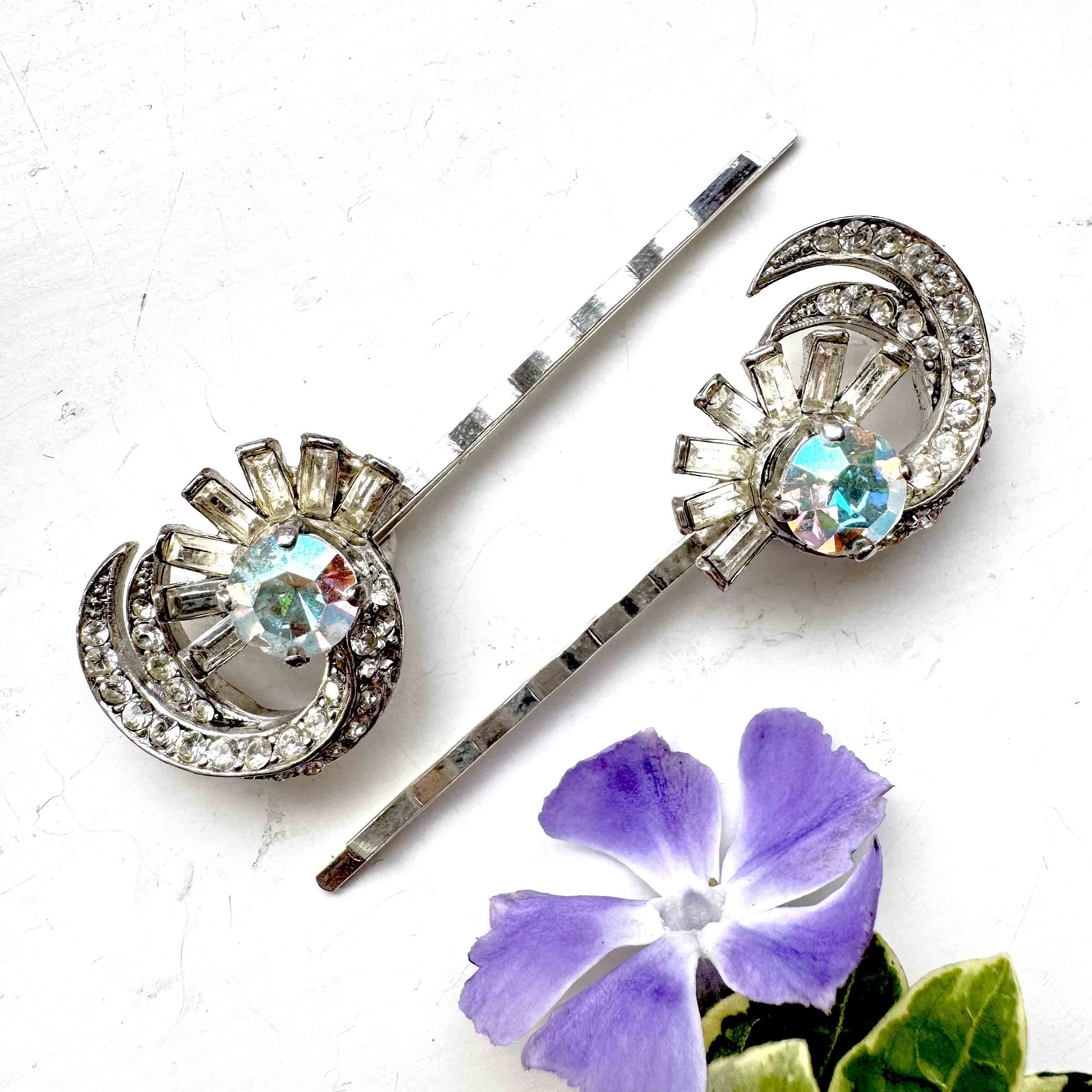 Pair Vintage Art Deco Silver Aurora Rhinestone Hair Pins VA1244
