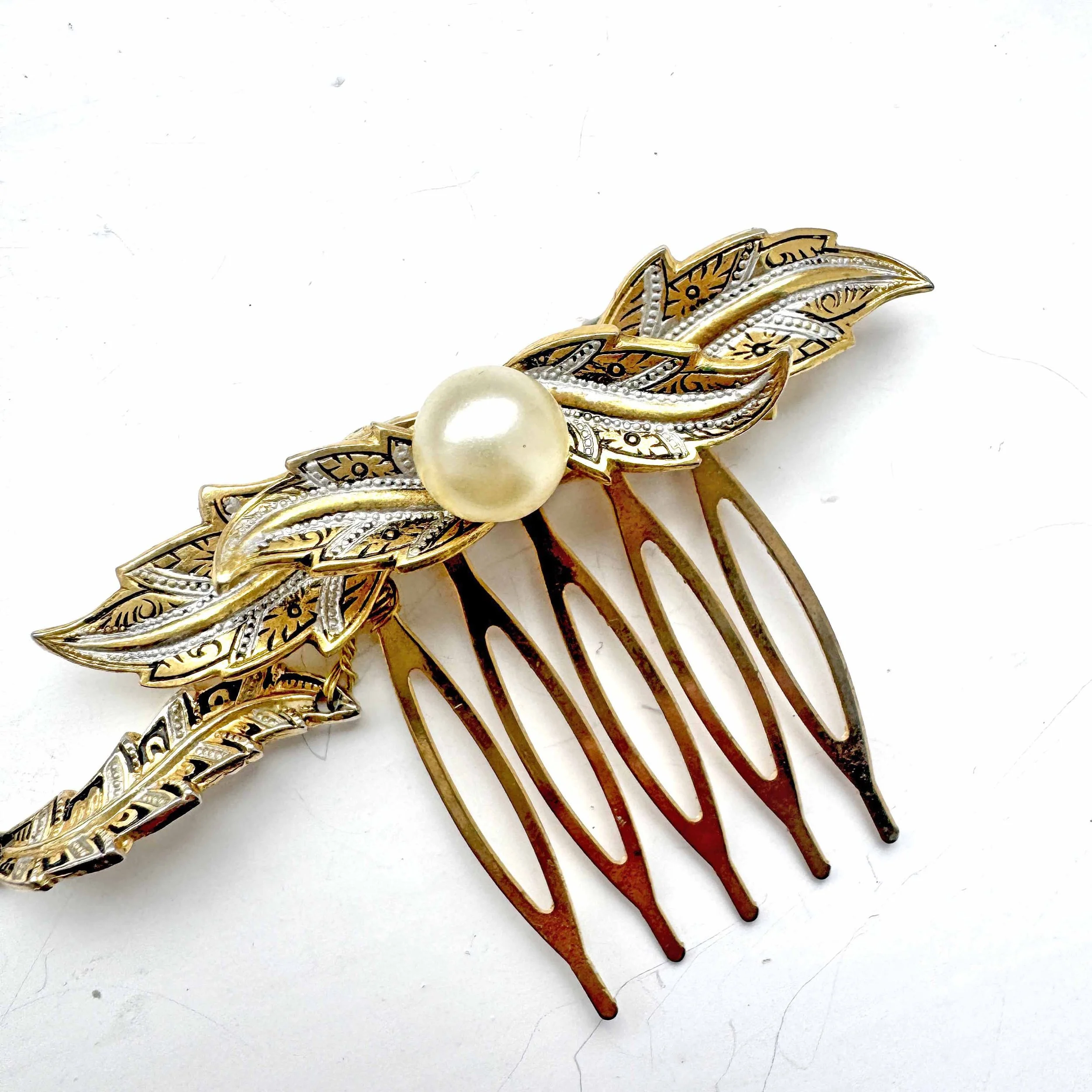 vintage 1950s gold pearl bridal wedding hair vine, vintage hair accessories