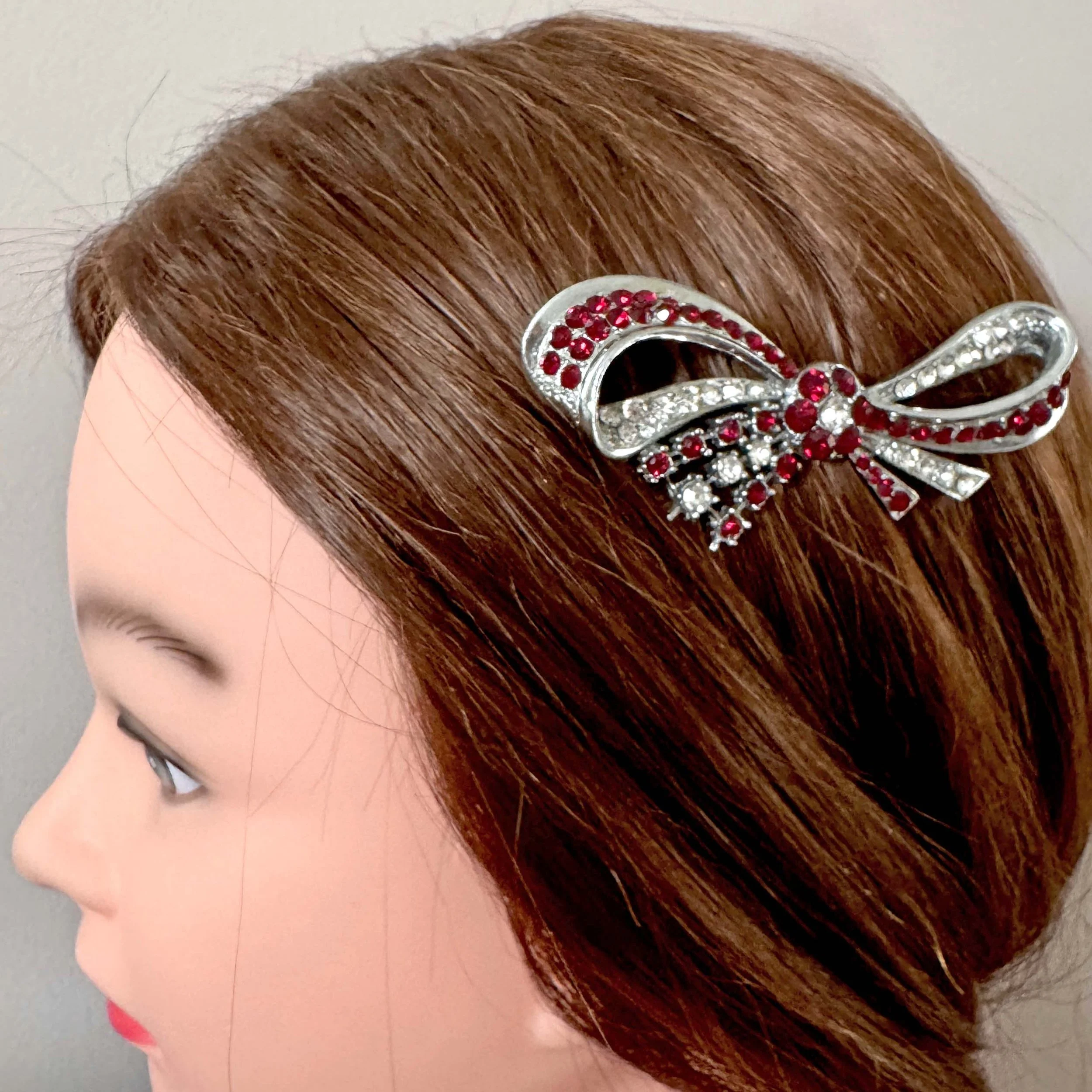 vintage red rhinestone hair slide, vintage hair comb, vintage hair accessories