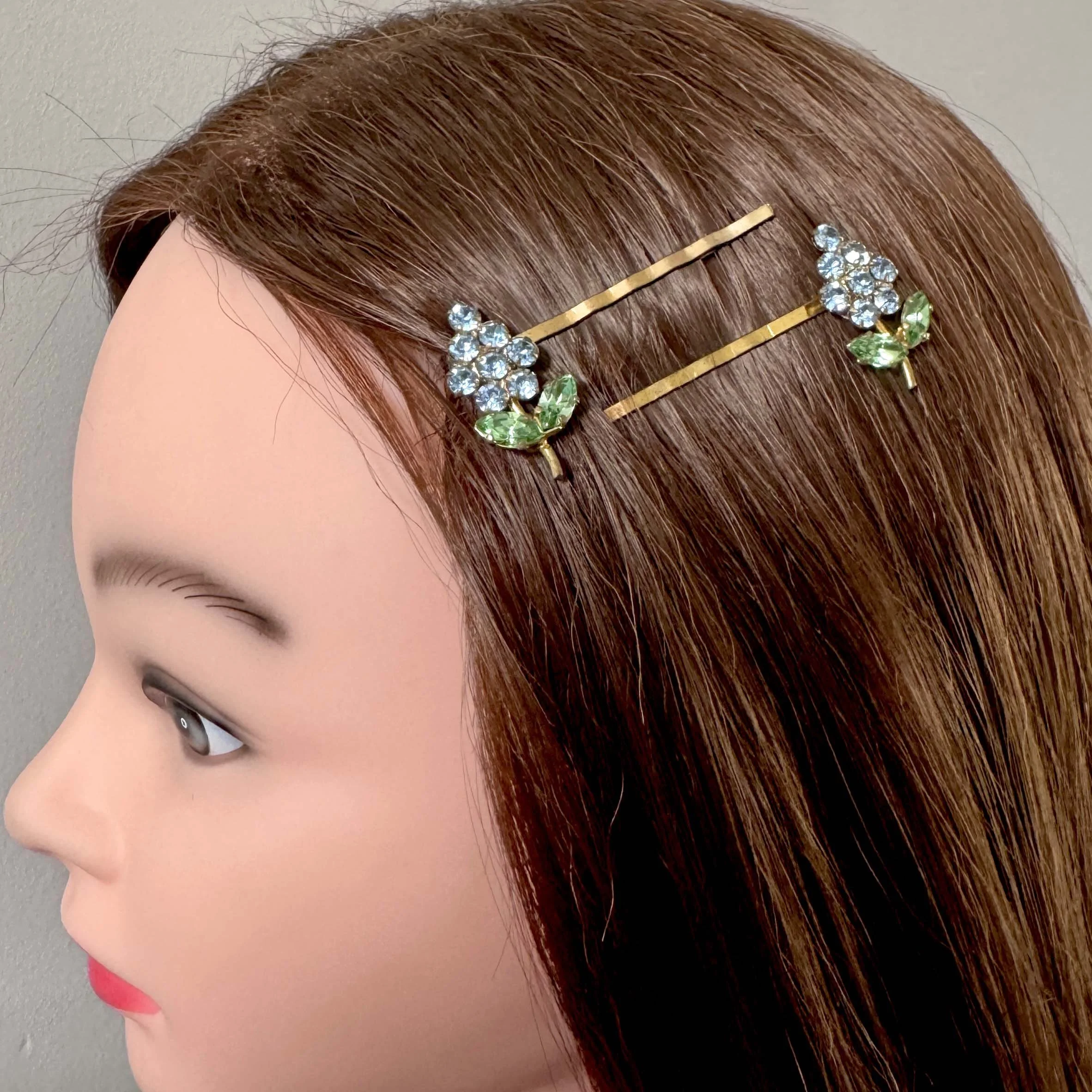 vintage light blue flower hair clips, vintage hair accessories