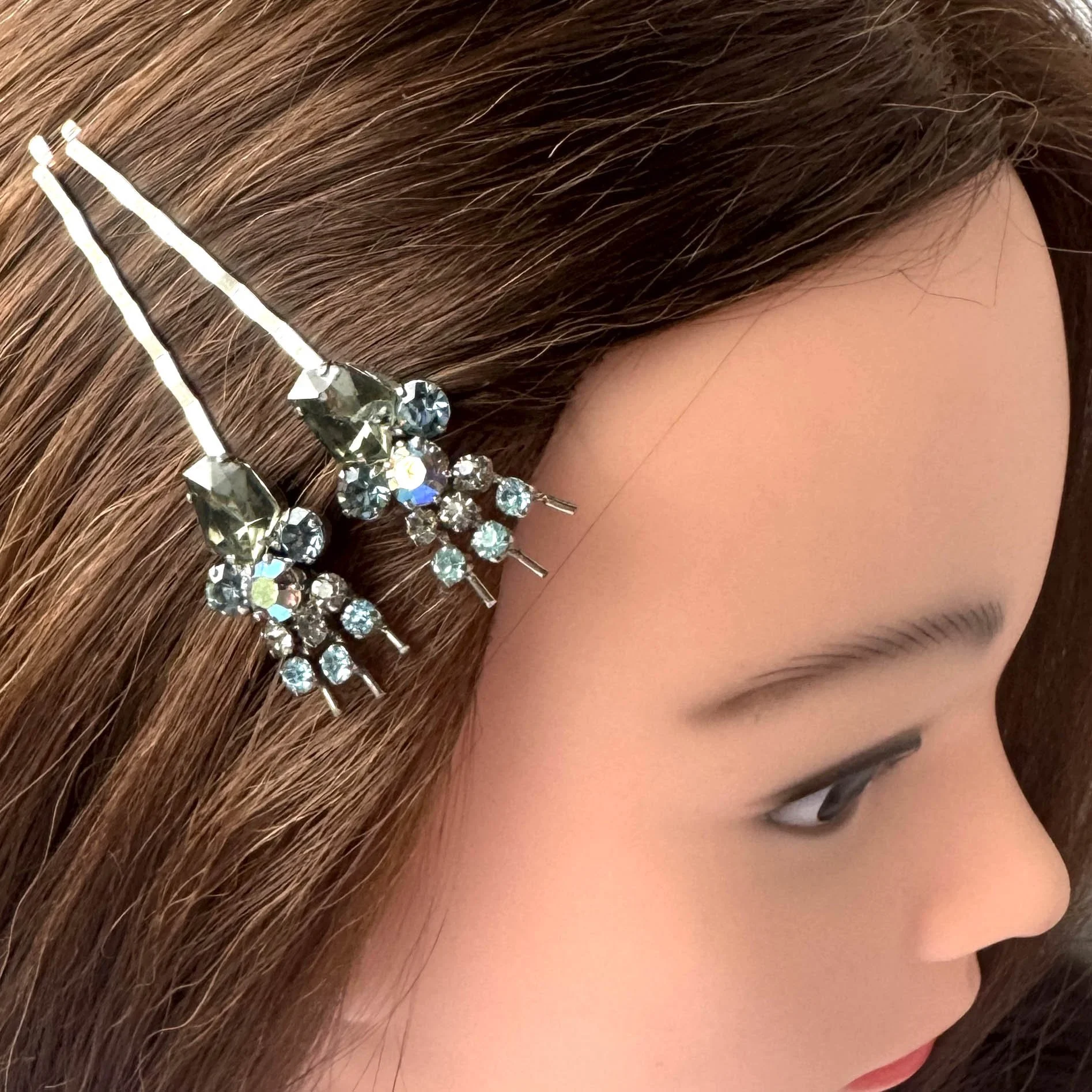 1950s Vintage Silver Blue Jewelled Hair Clips, vintage hair accessories
