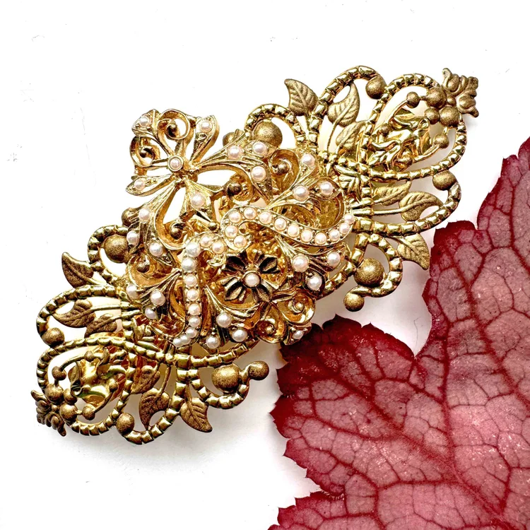 Vintage 1950s Red Gold Jewelled Hair Barrette - vintage hair  display picture 2