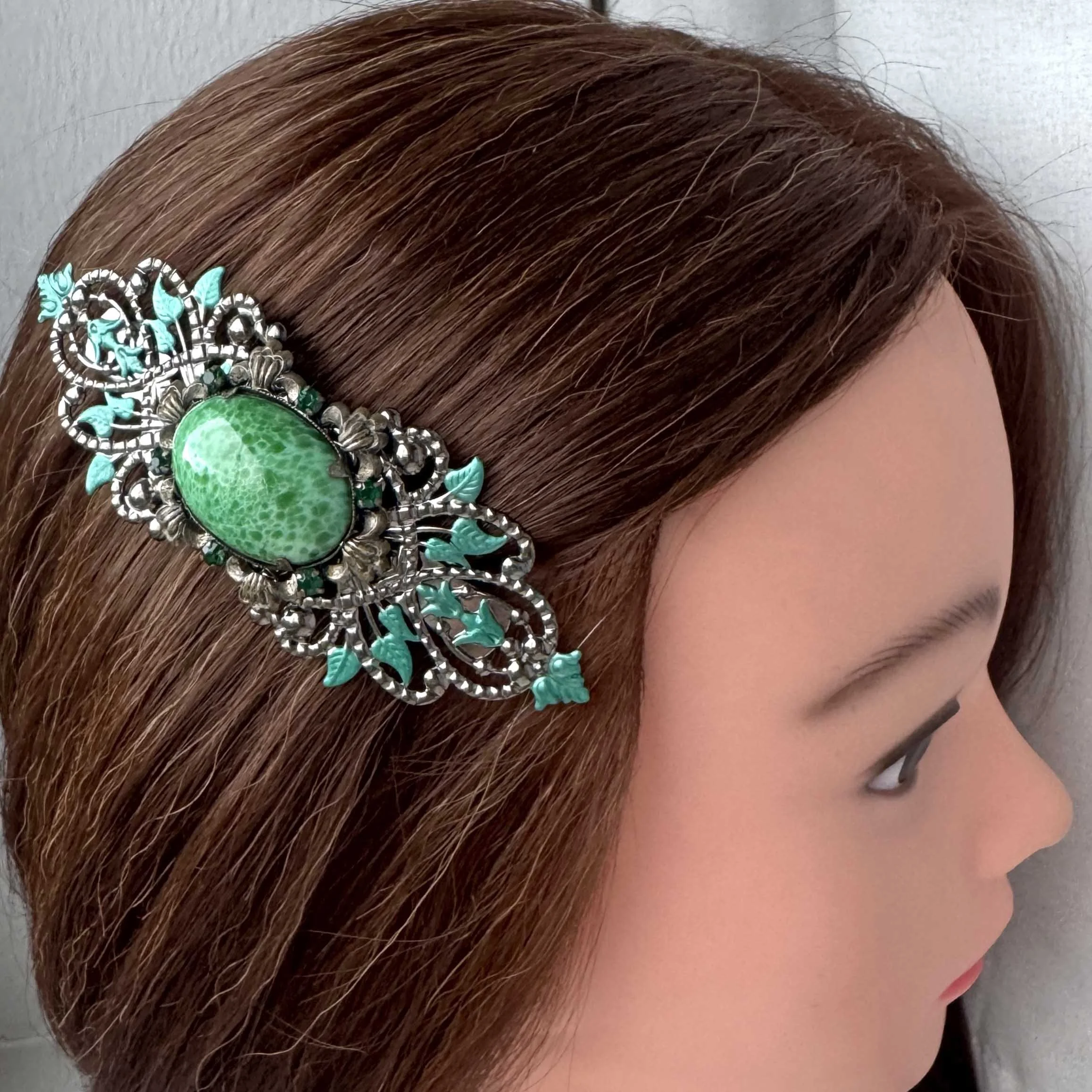1930s vintage green jewelled french barrette, vintage hair accessories