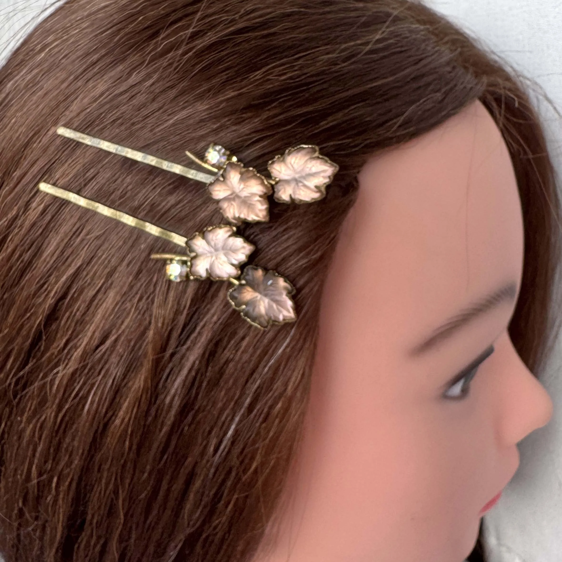 1930s vintage pink leaf hair clips, antique hair clips, vintage hair accessories