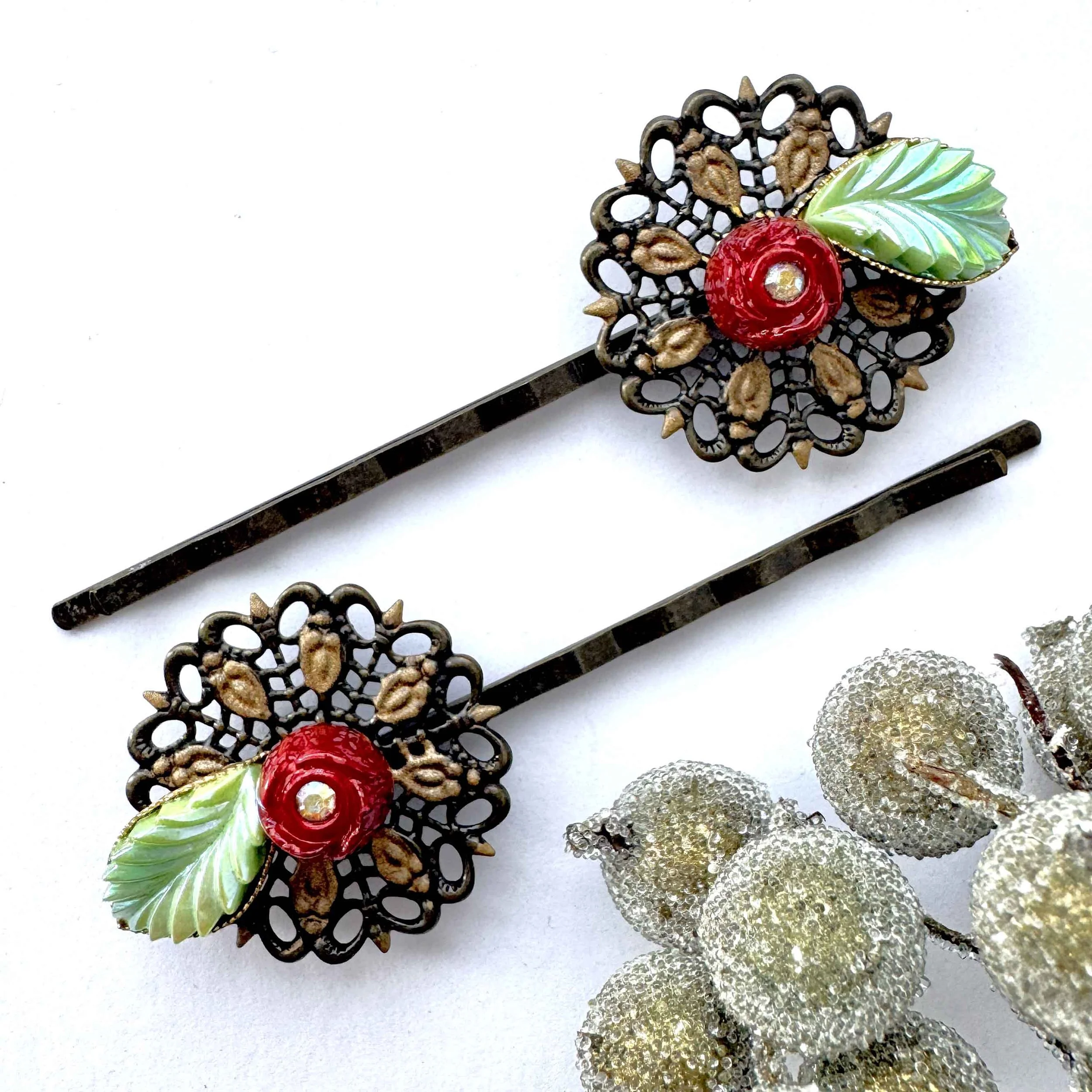 1940s vintage red rosebud hair pins, vintage hair accessories