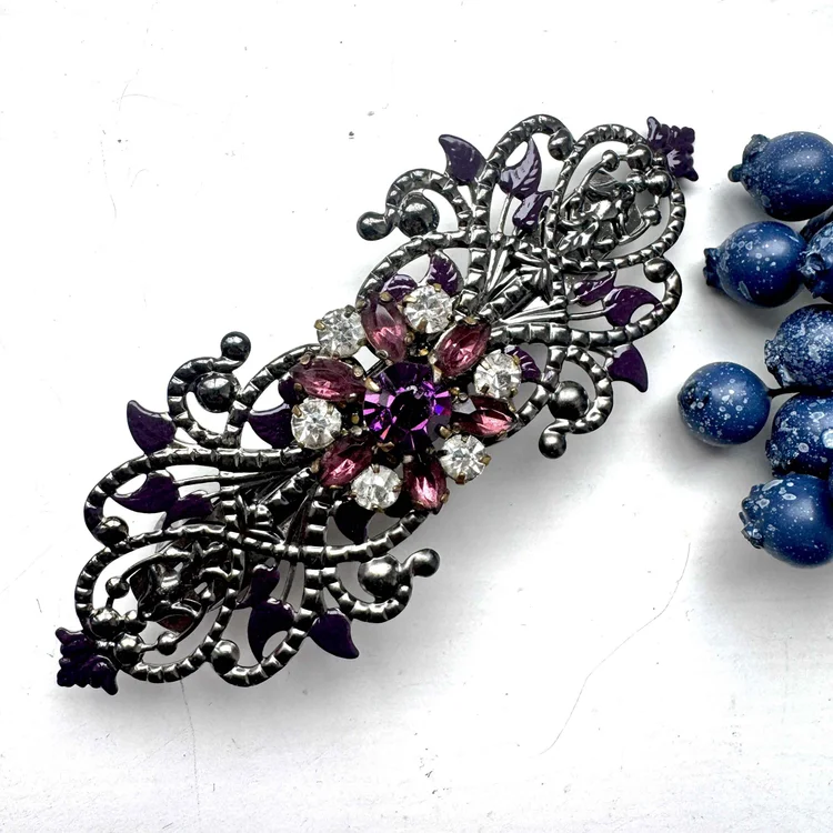 Vintage 1940s Gothic French Jet Black Silver Hair Barrette  display picture 2