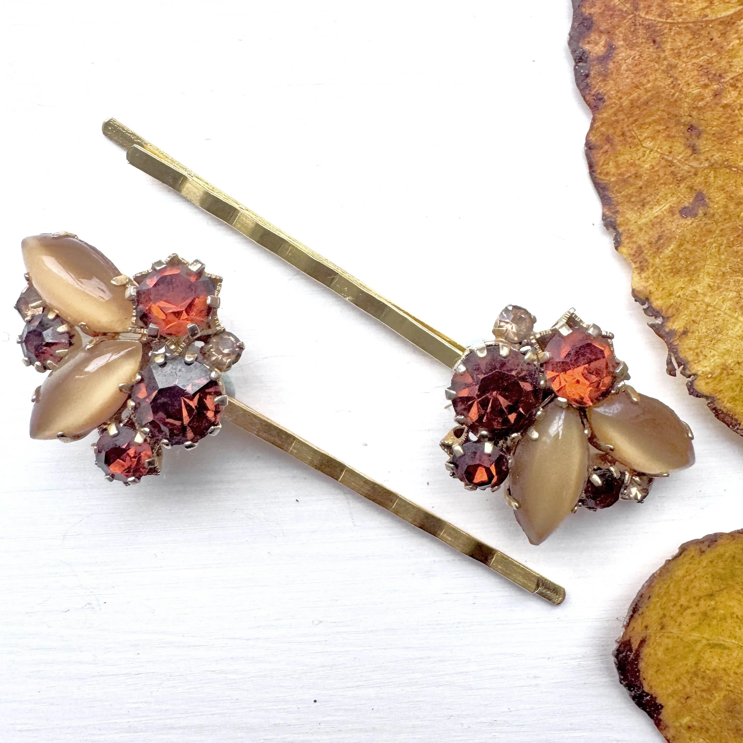 Pair Vintage Amber and Smokey Topaz Rhinestone Hair Pins VA1300