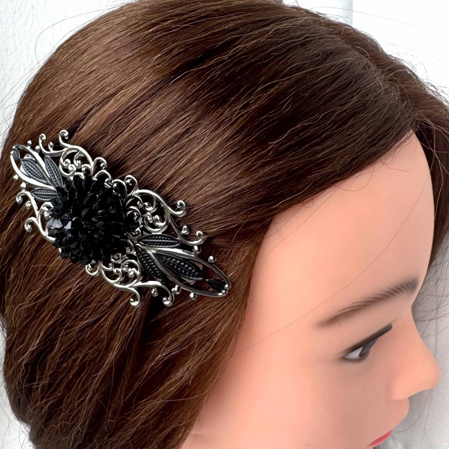 VTG Barrette Silver Tone Rhinestones Black Enamel Accents Hair Clasp France Vintage 1920s Black and Silver Rhinestone Hair Barrette  main image 2