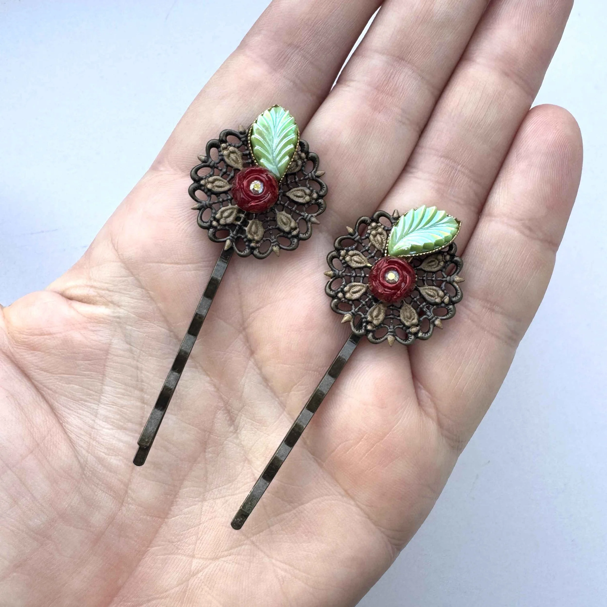 40s vintage red rosebud bobby pins, vintage hair accessories