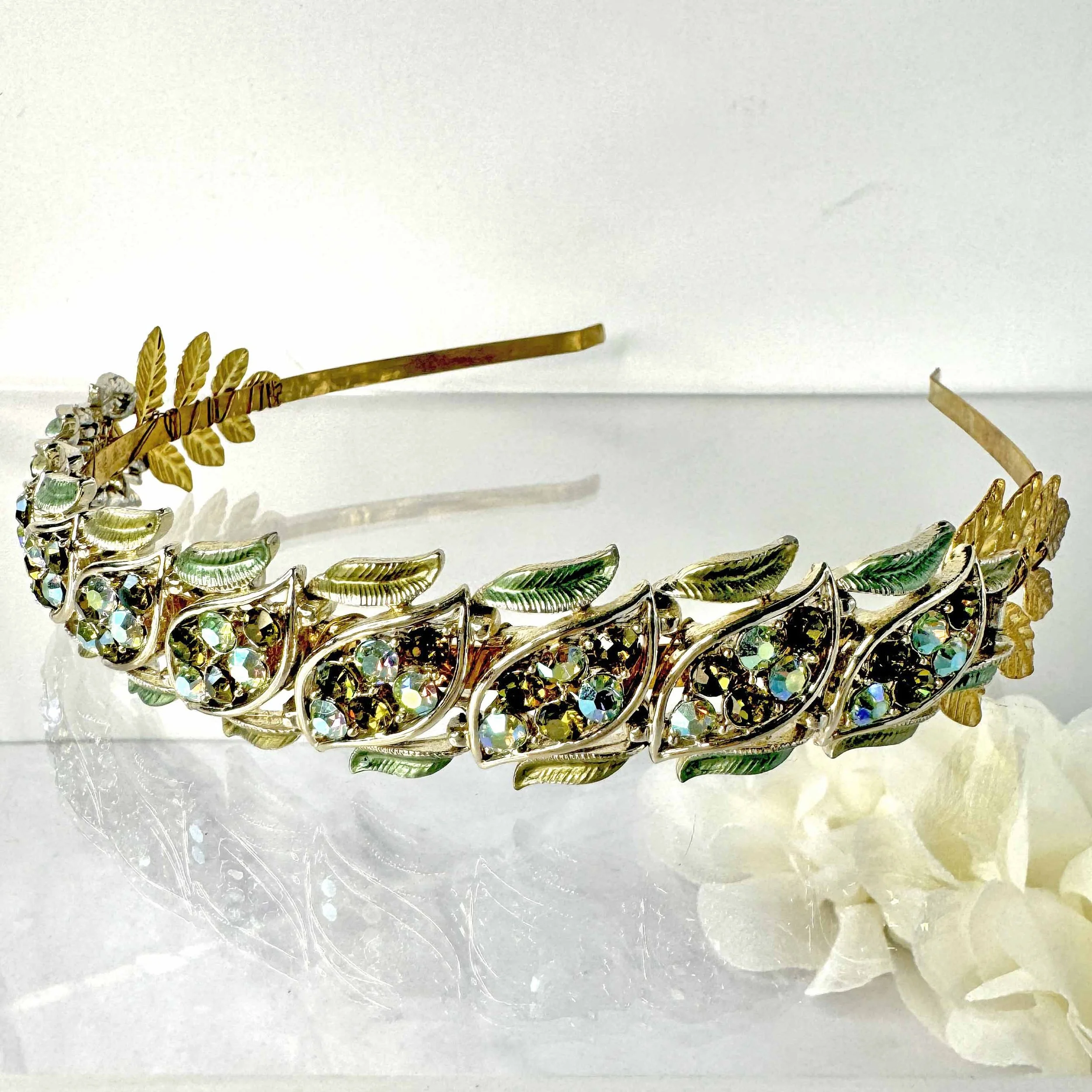 vintage 1950s olive green sage green jewelled bridal wedding headband