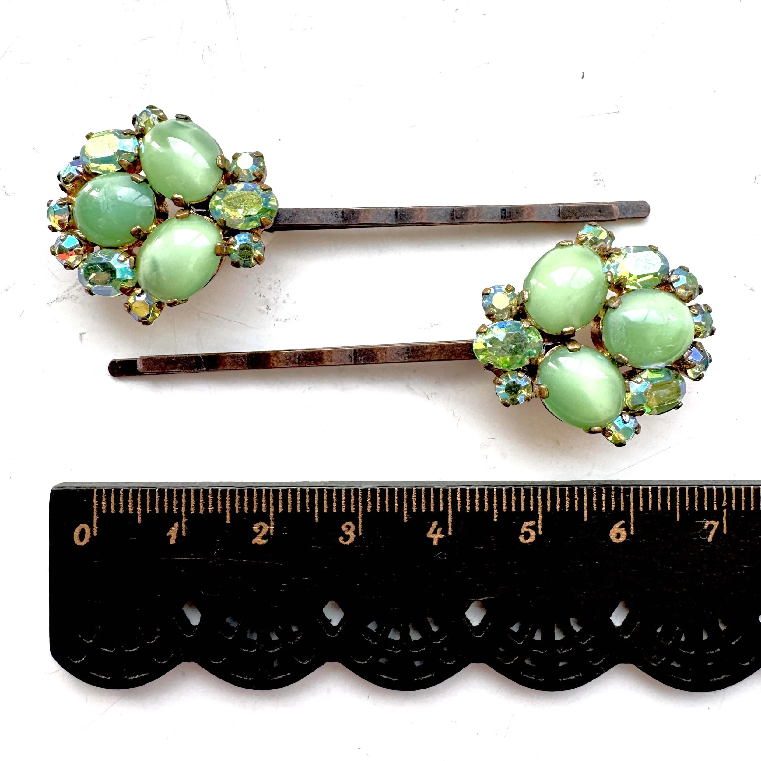 1950s vintage light green jewelled bobby pins, vintage bobby pins, vintage hair accessories