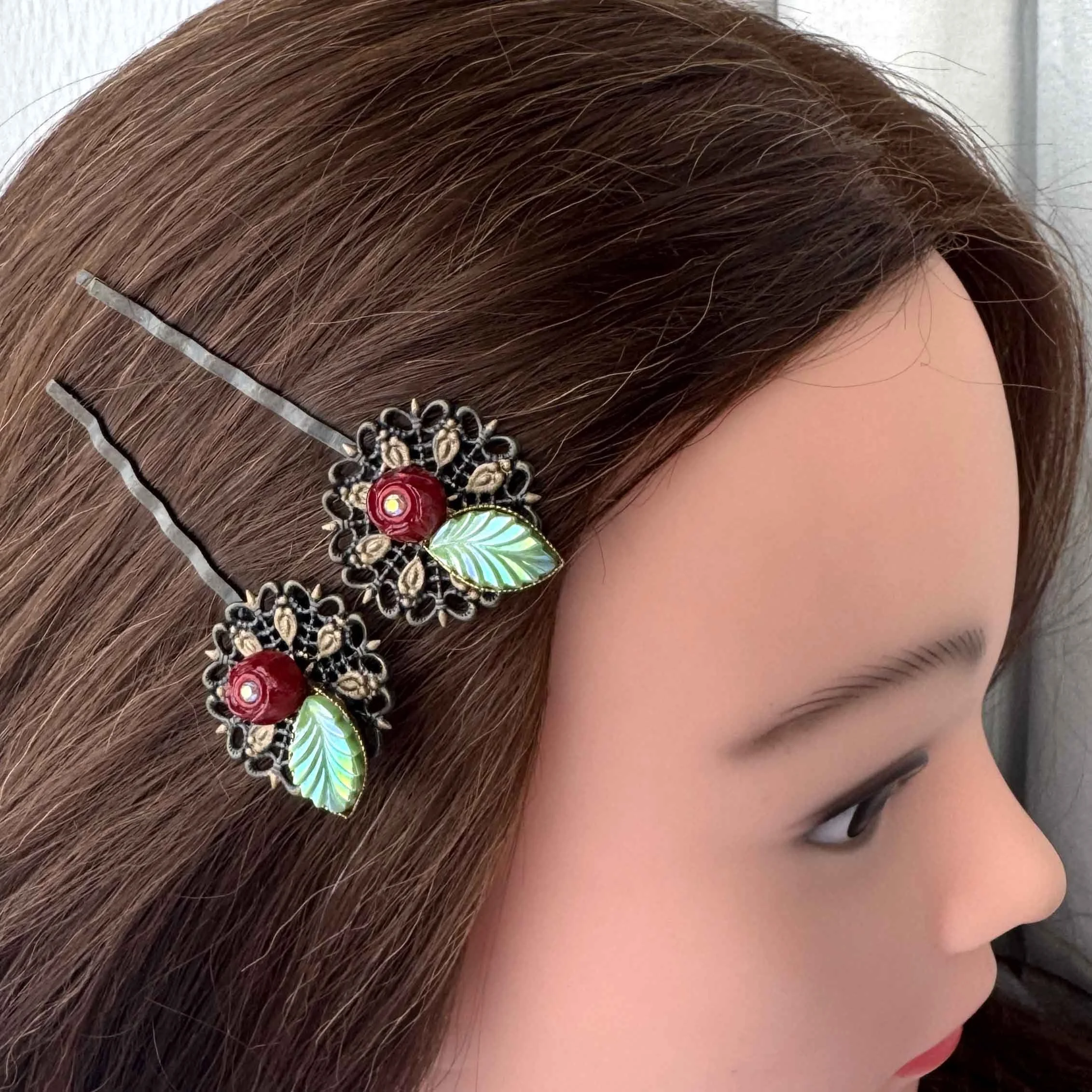 40s vintage red rosebud hair clips, vintage hair accessories