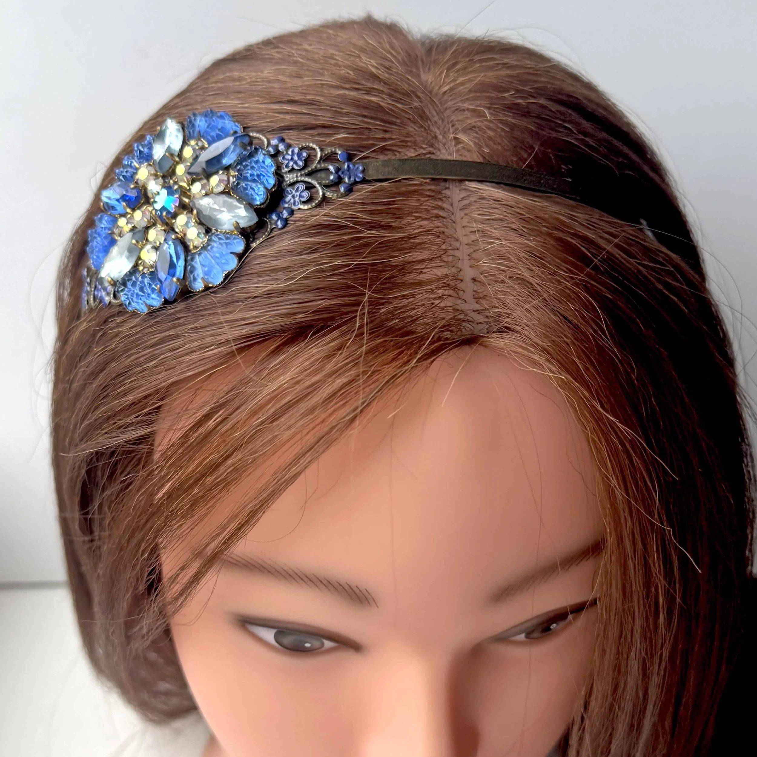 antique blue jewelled wedding fascinator, vintage hair accessories