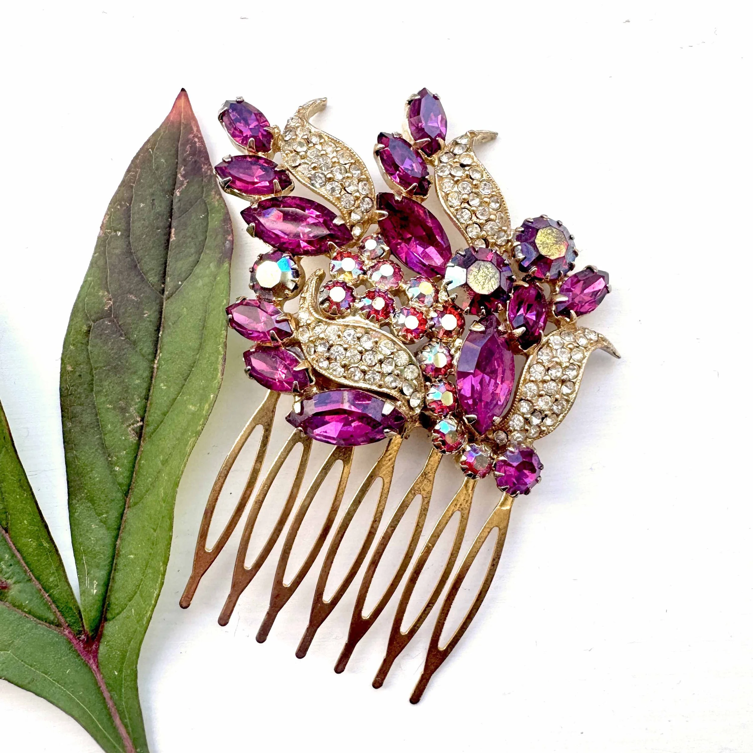 Vintage Hot Pink and Aurora Jewelled Hair Comb VA1281