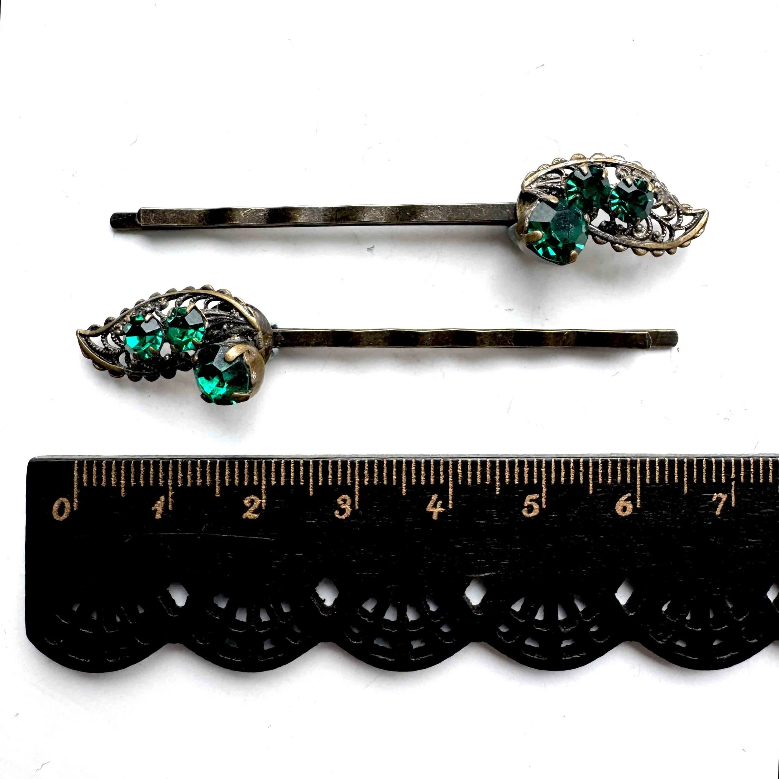1930s vintage dark green rhinestone bobby pins, vintage hair accessories