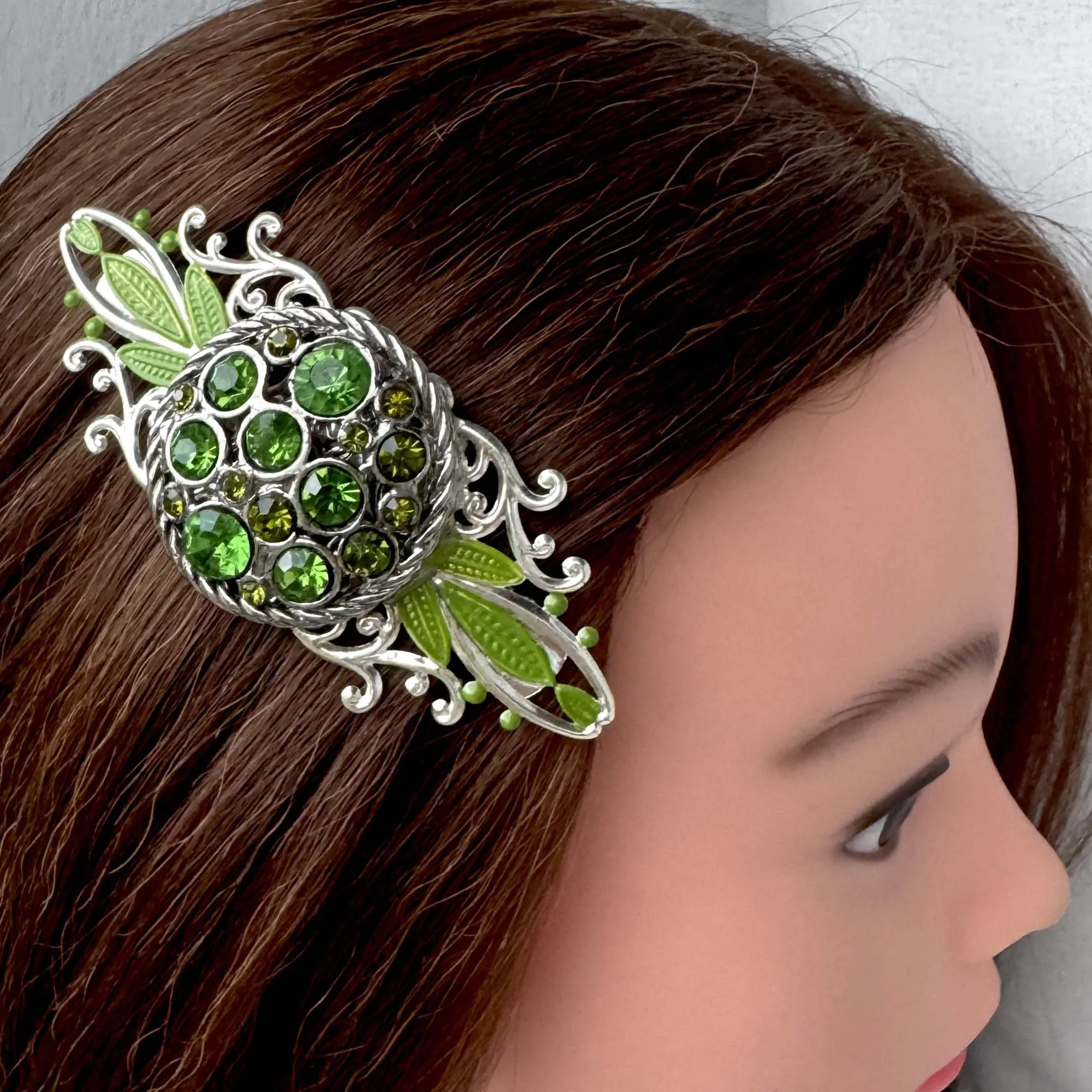 vintage spring green jewelled french barrette, vintage hair accessories