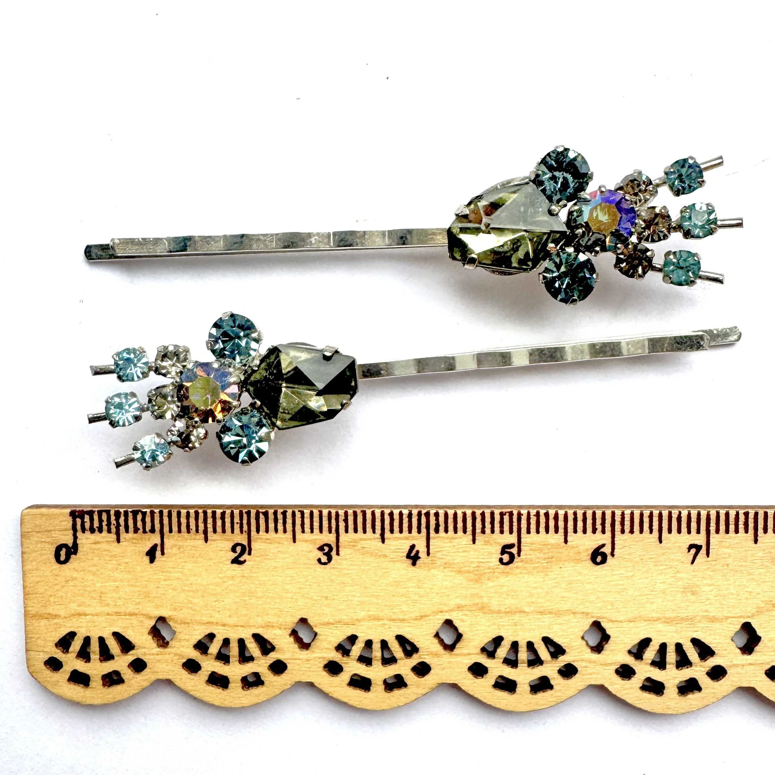 1950s Antique Silver Blue Jewelled Hair Pins, vintage hair accessories