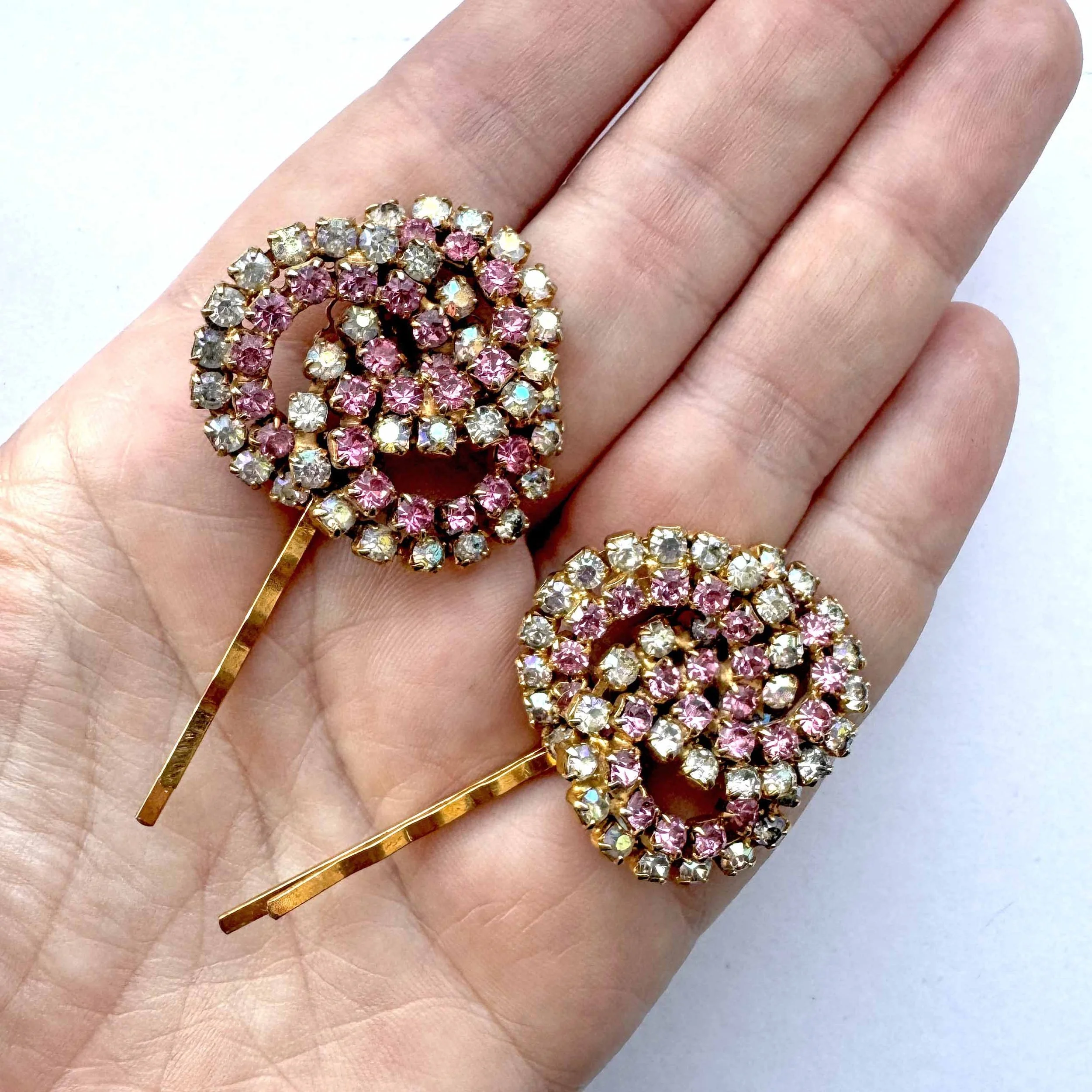 1950s Vintage Pink Jewelled Hair Slides - vintage hair accessories