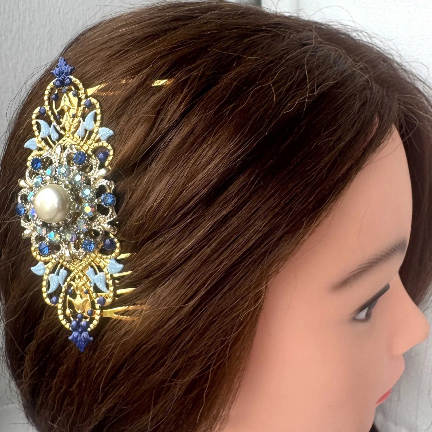 1940s Vintage Gold Blue Pearl Hair Comb - Vintage Hair 