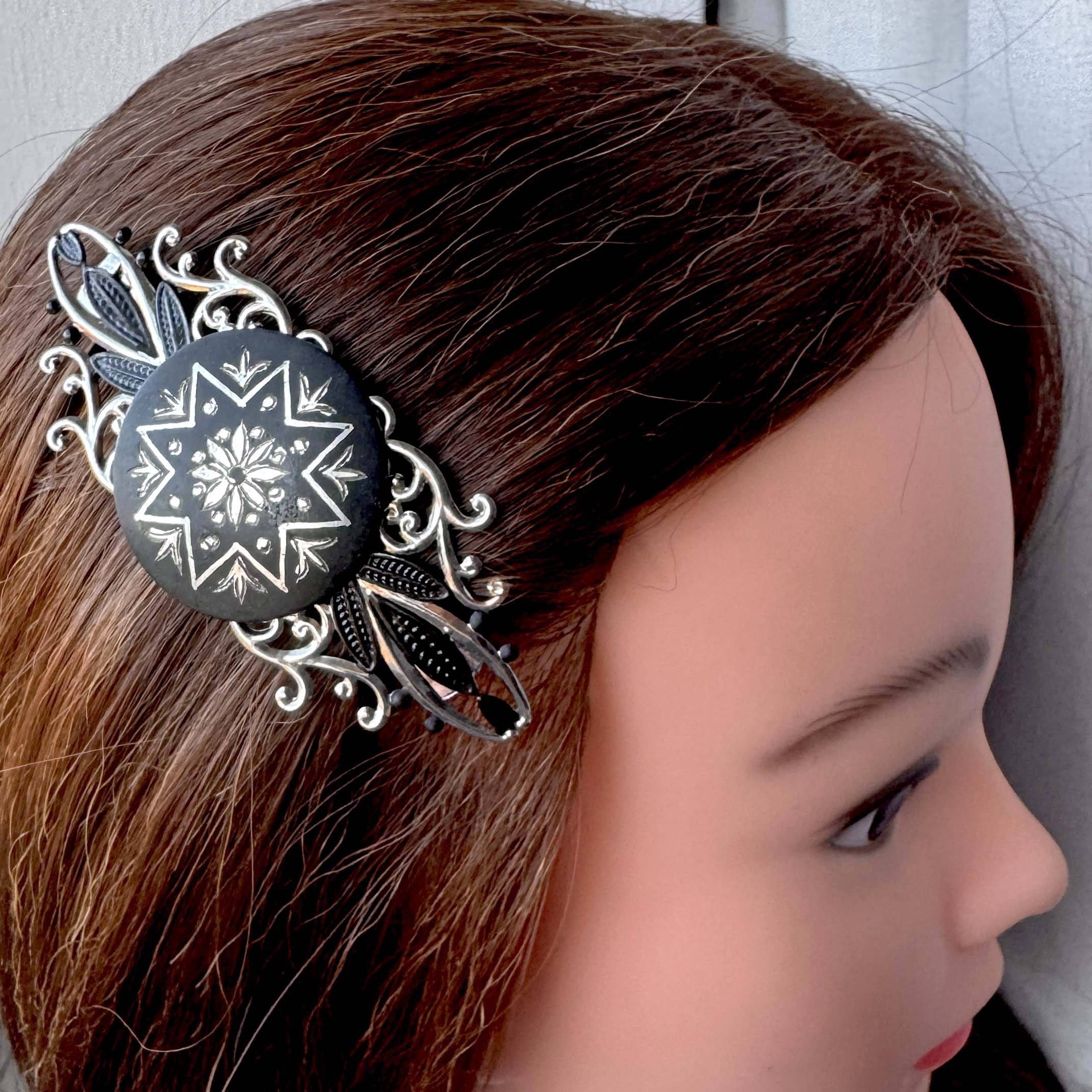 vintage black silver french barrette, vintage hair accessories