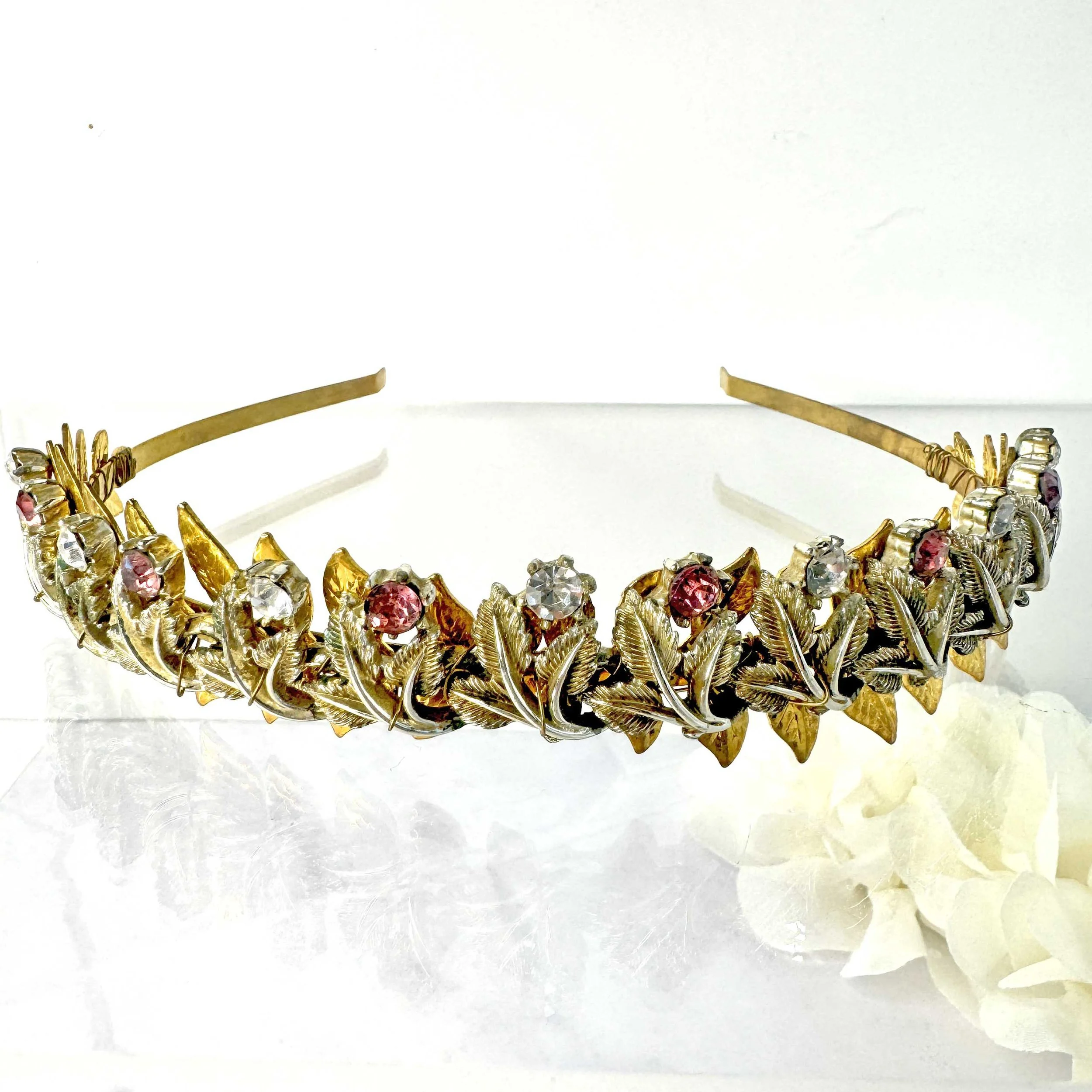 vintage 1950s gold pink jewelled hair piece