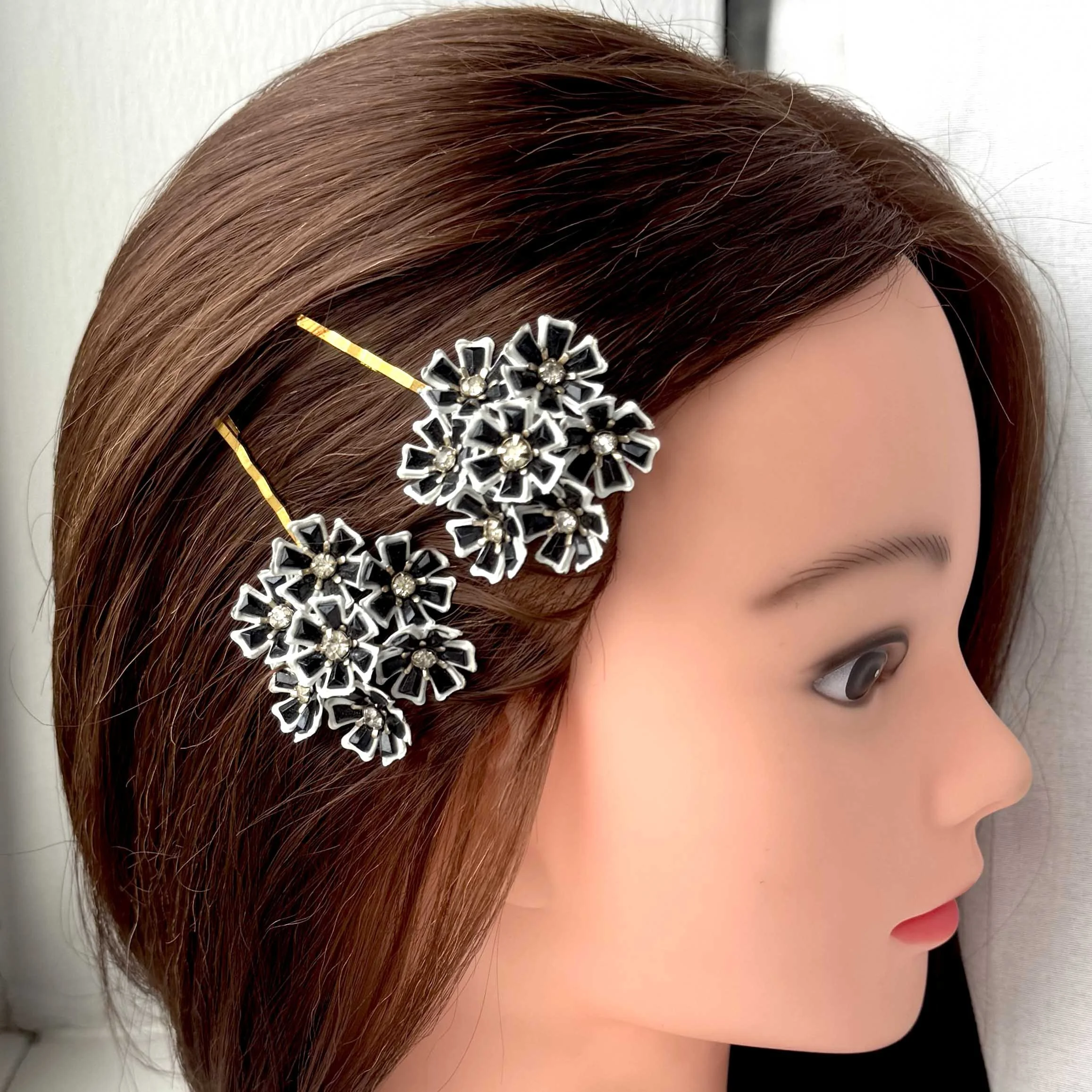 1950s vintage black and white flower hair clips, vintage hair accessories