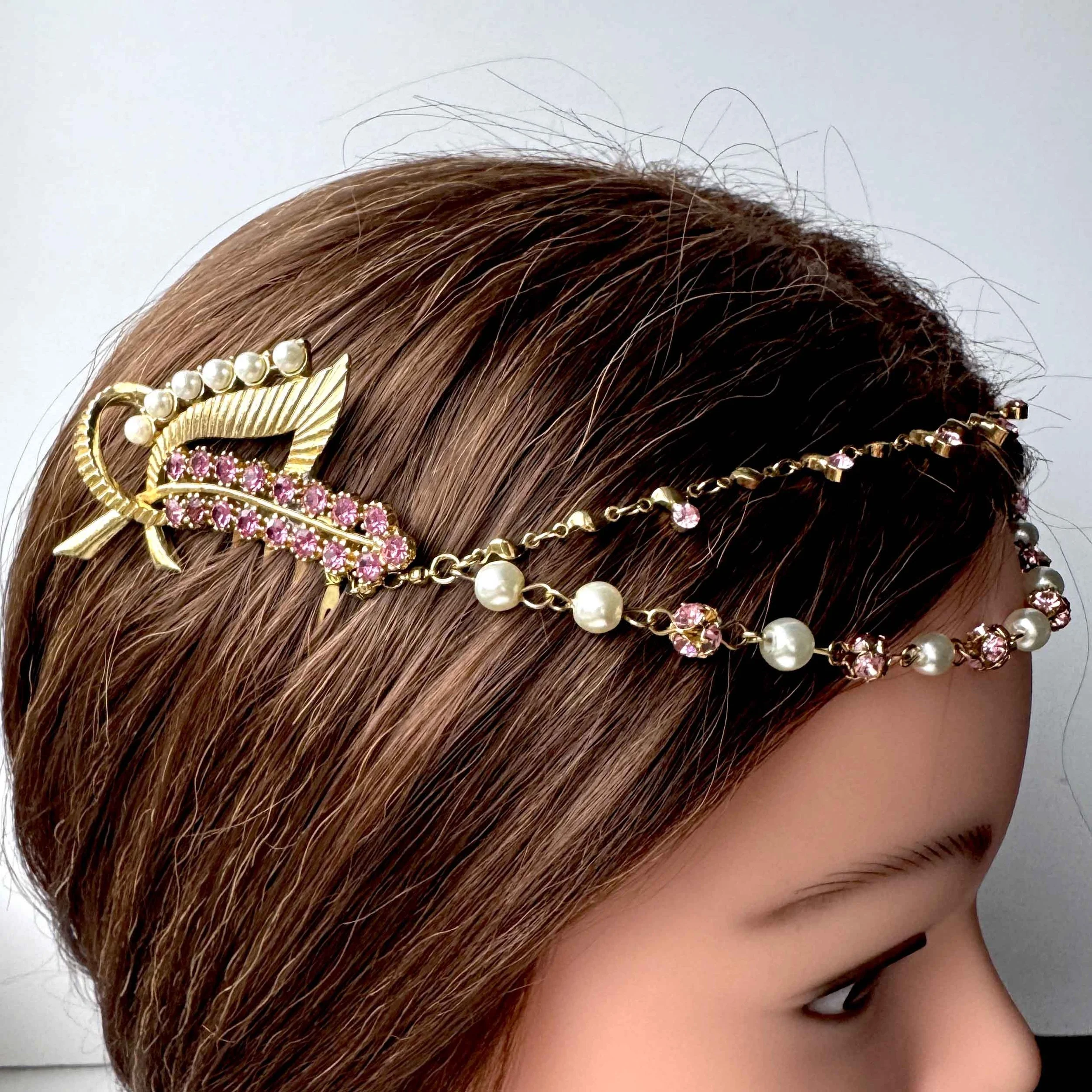antique pink rhinestone and pearl wedding hair vine, vintage hair accessories