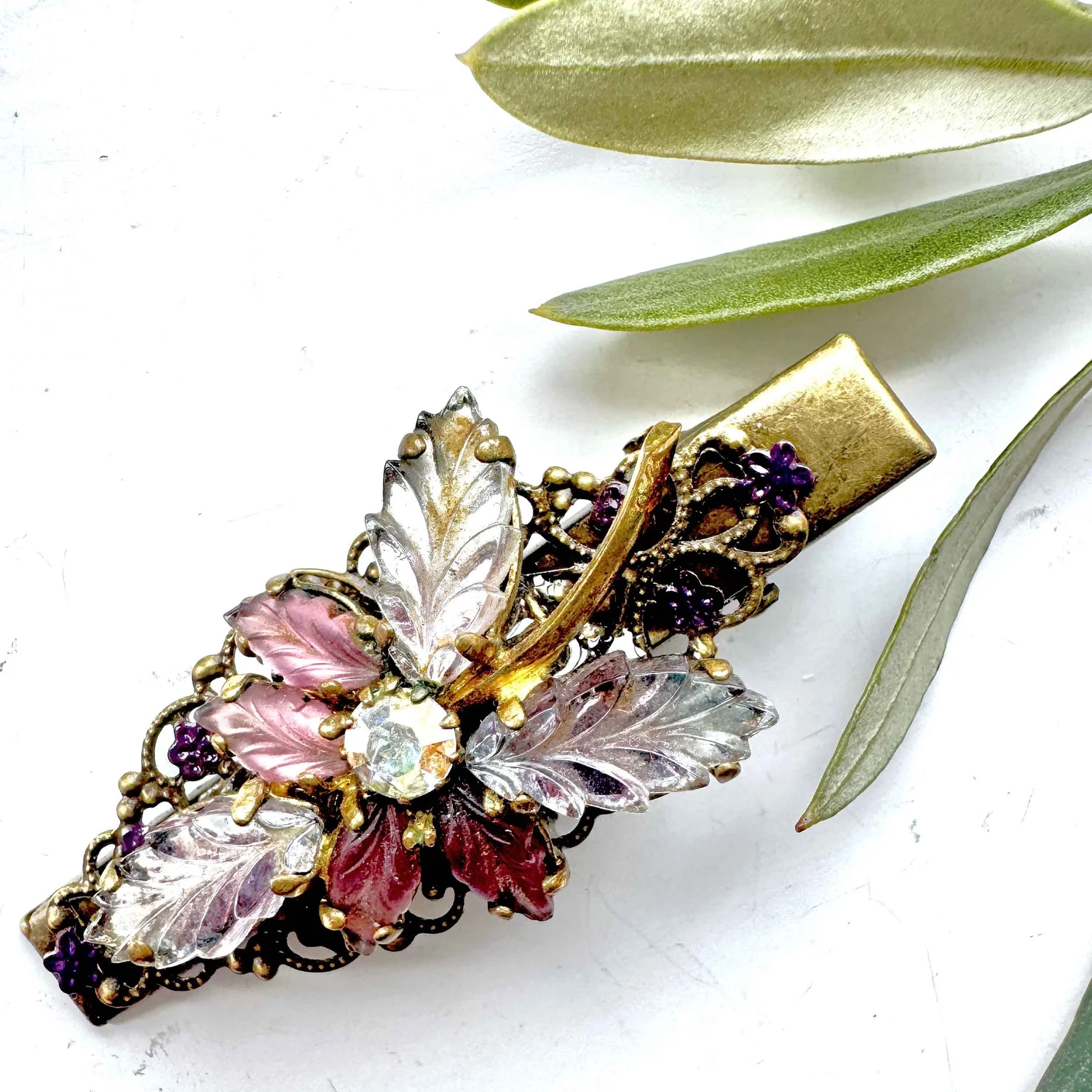 Vintage Gold-Tone Hair Clip with Red, Blue & Green Glass Vintage Hair Clips for sale | eBay main image 3
