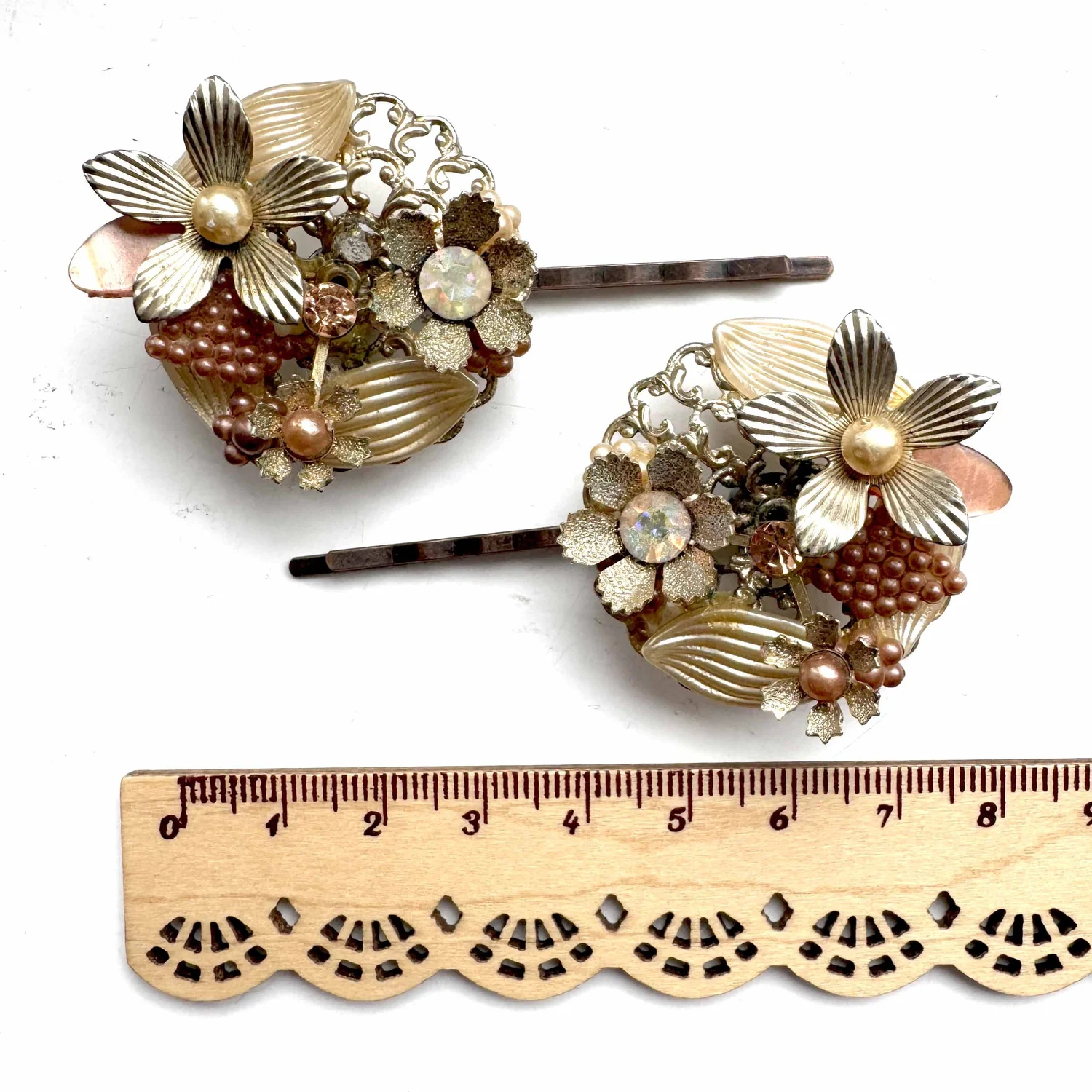 Vintage set of Hand Flowered Goldstone Hairpins Amazon.com : 5 Pieces Gold Leaf Hair Pins Flower Pearl Hair  main image 4