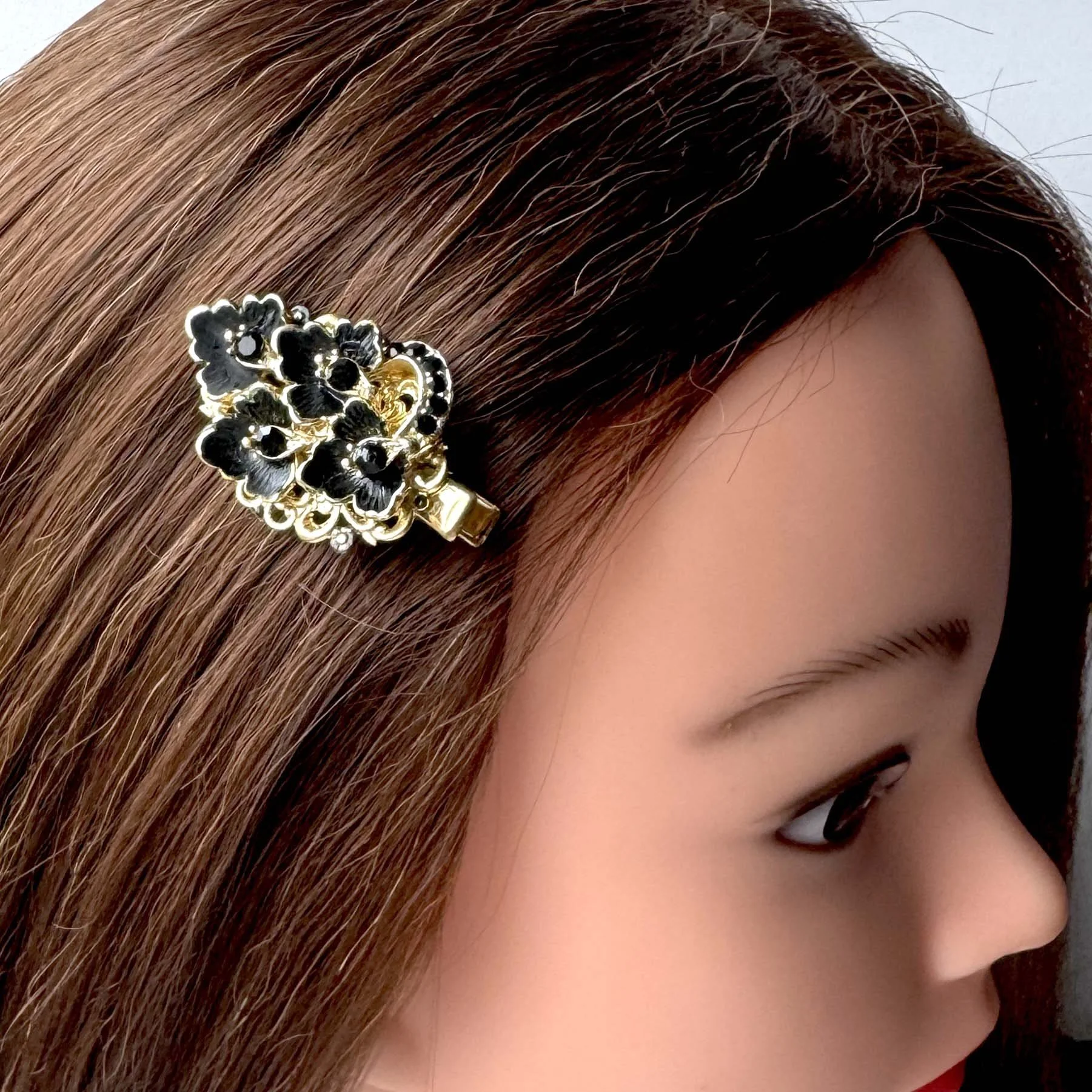 vintage jewelled black rhinestone hair clip, vintage hair accessories