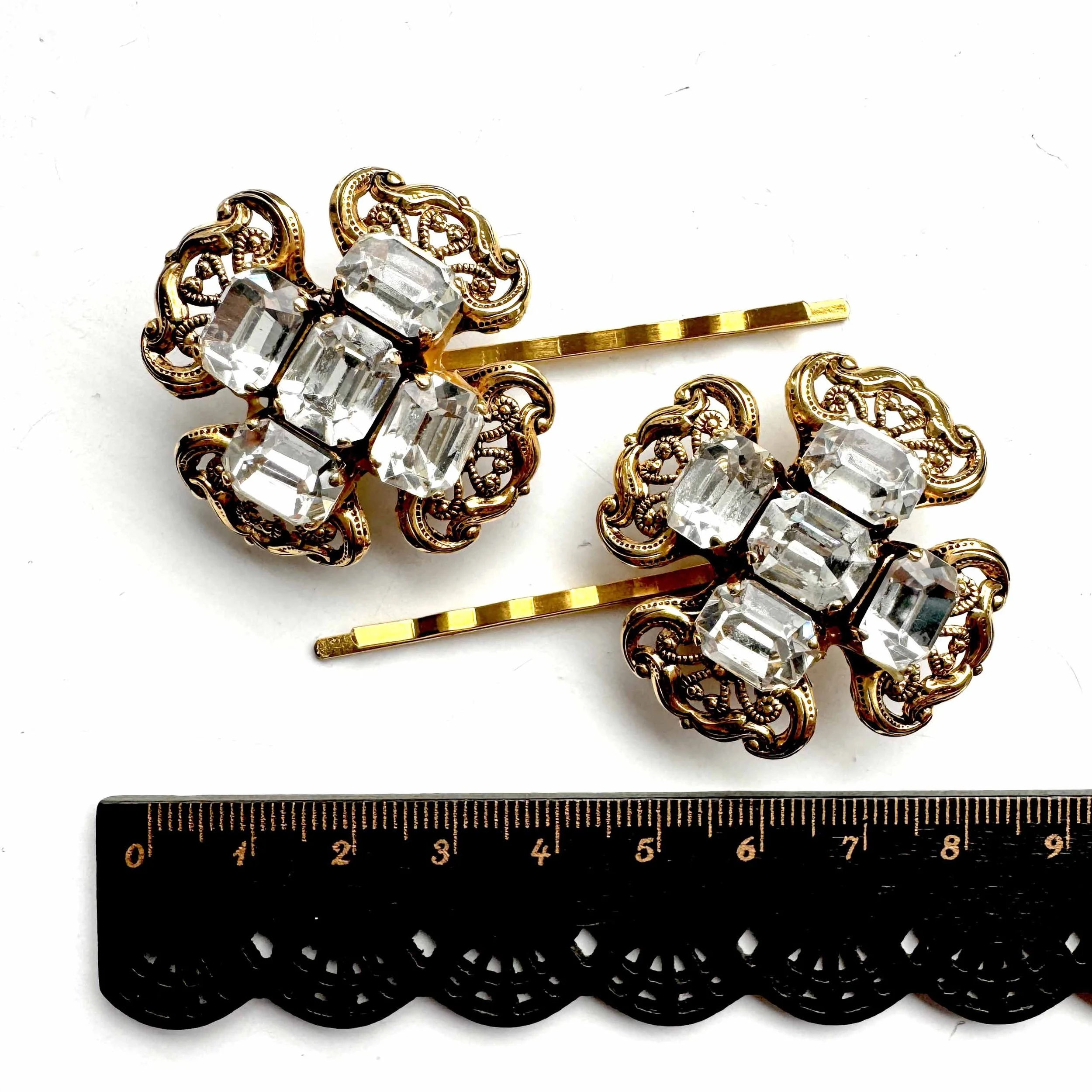 vintage gold rhinestone statement bobby pins, vintage hair accessories