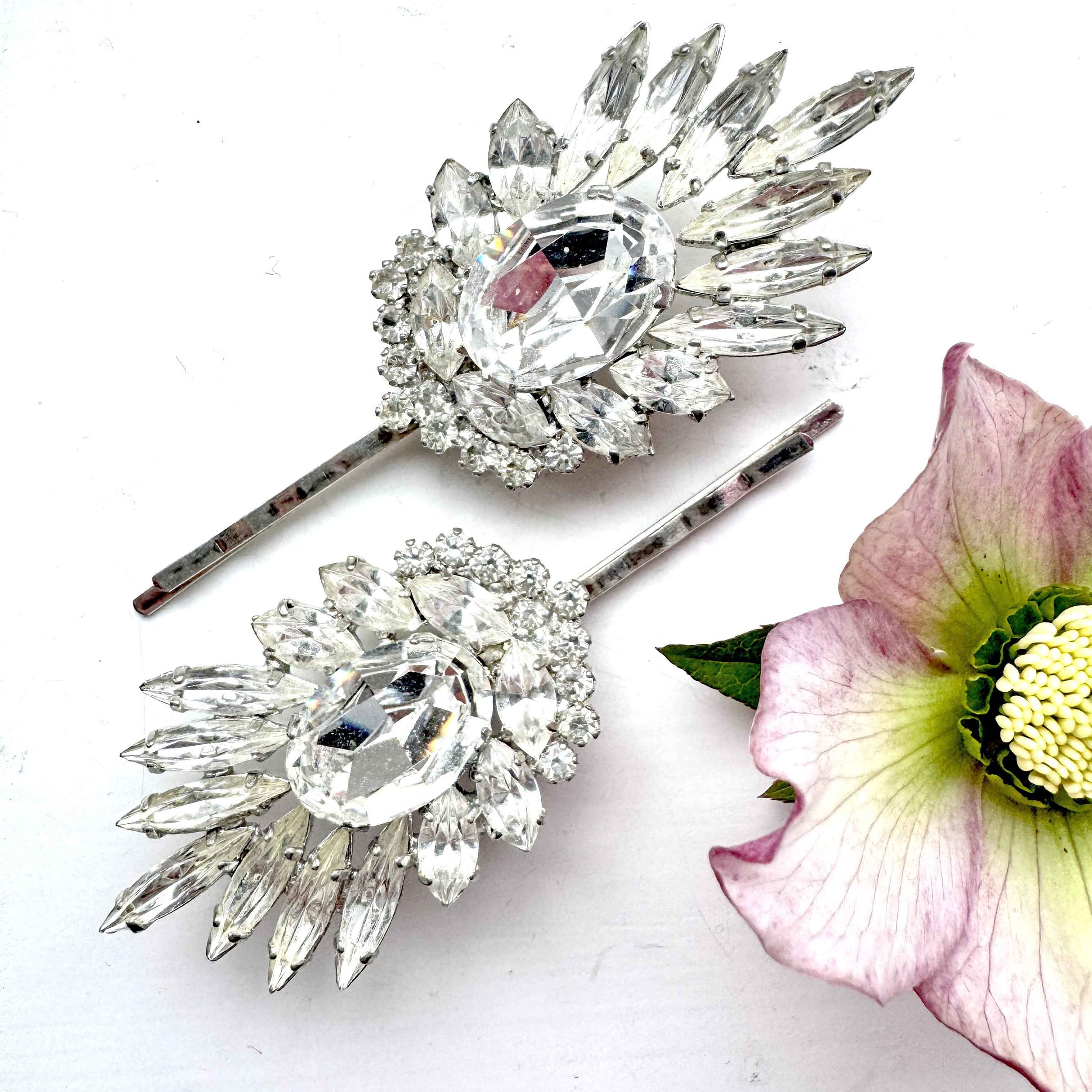 Pair Vintage Art Deco Rhinestone Statement Hair Pins VA1263