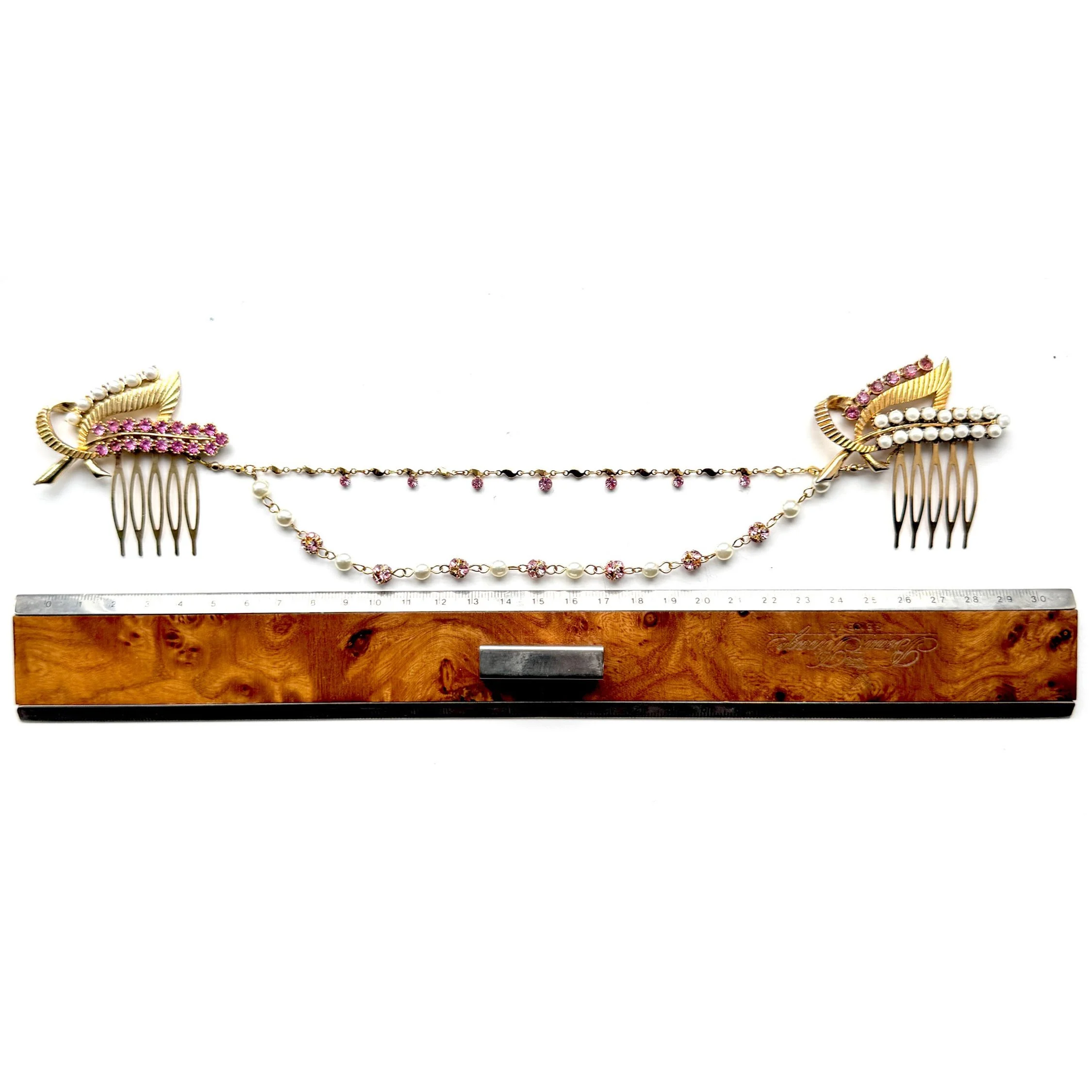 antique pink rhinestone and pearl wedding headpiece, vintage hair accessories