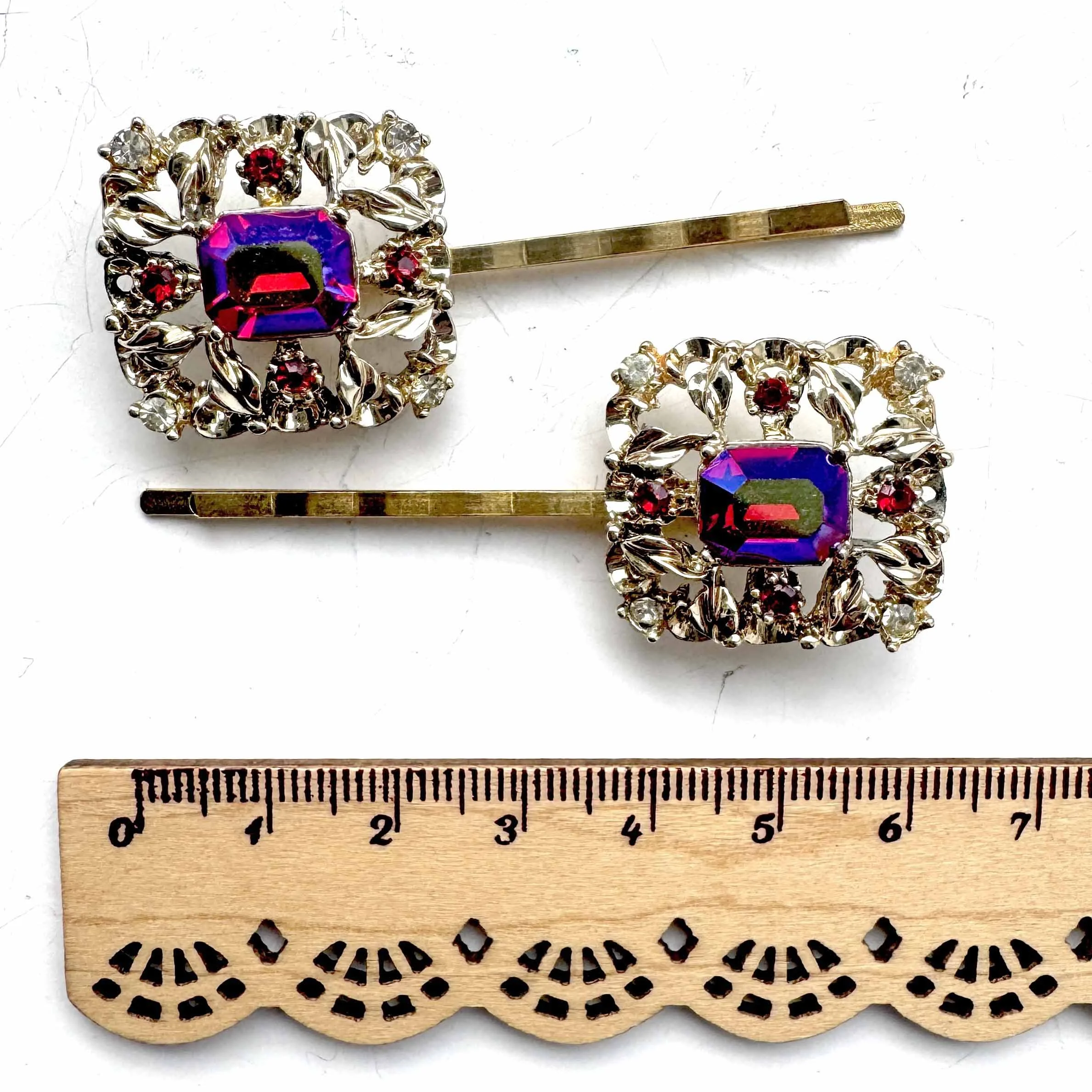 1950s vintage red rhinestone hair pins - antique hair jewellery