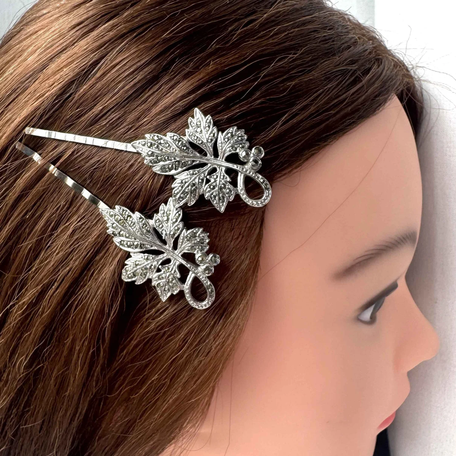 Vintage Sterling Silver Marcasite Leaf Hair Clips Vintage 1930s Silver Marcasite Leaf Hair Pins - Vintage Hair  main image 2