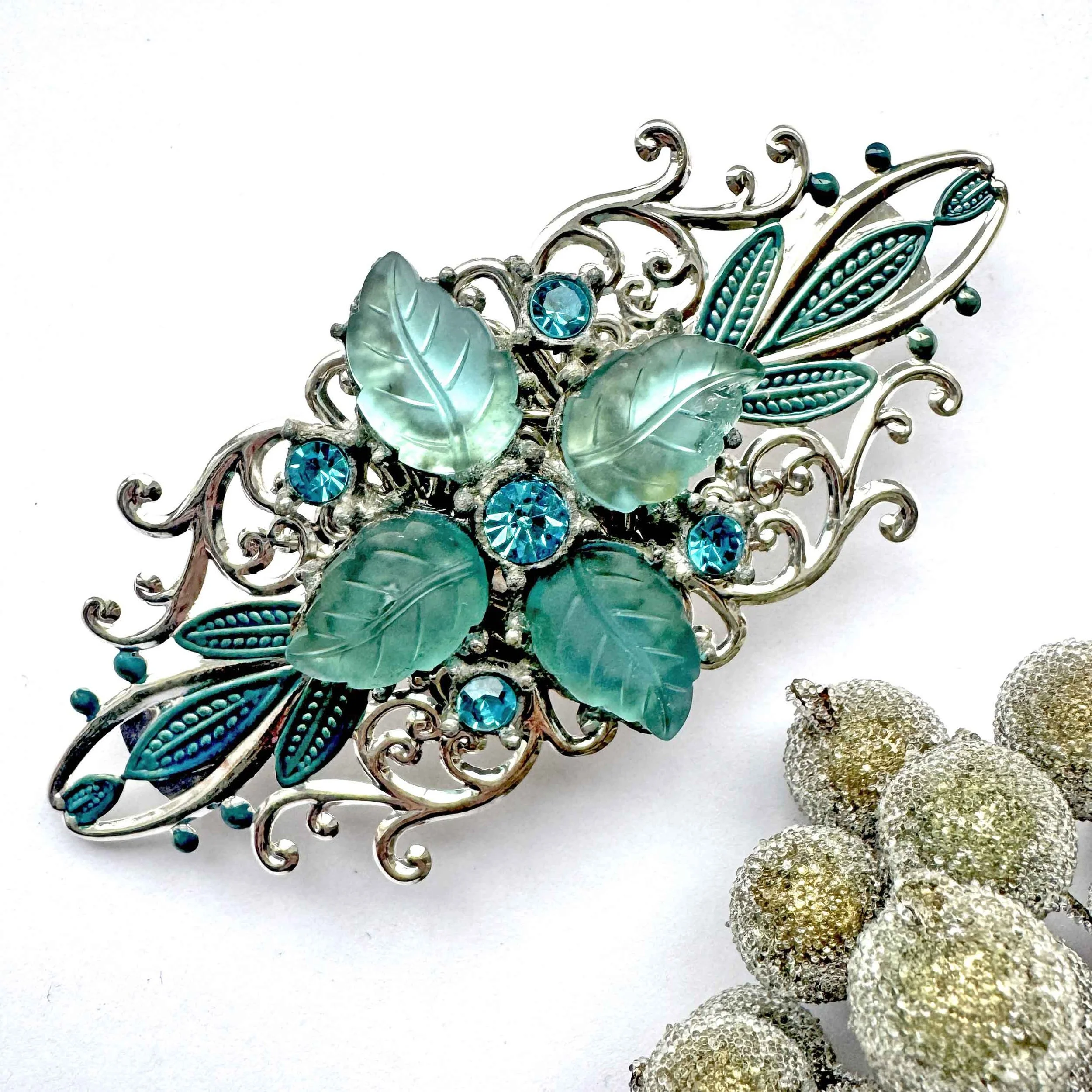 1940s vintage turquoise blue jewelled hair barrette, vintage hair accessories