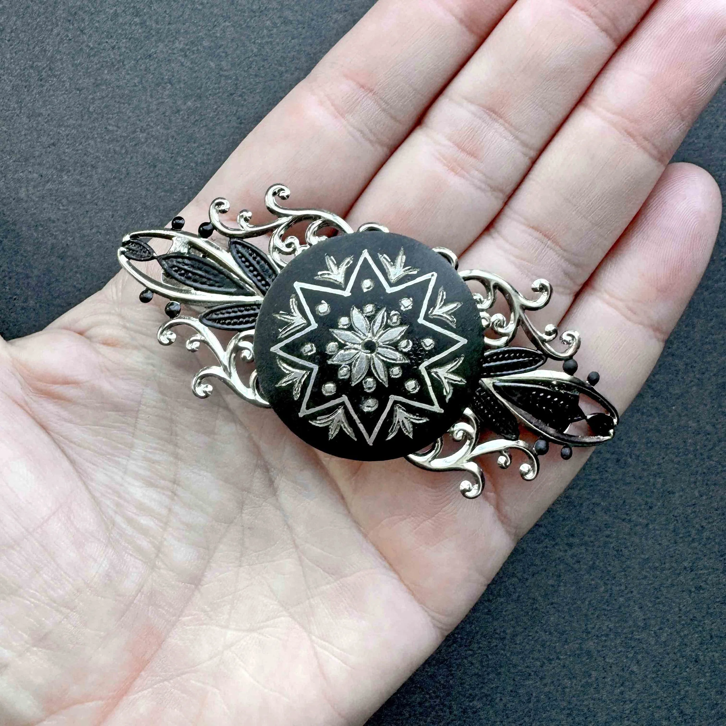 vintage black silver hair clasp, vintage hair accessories