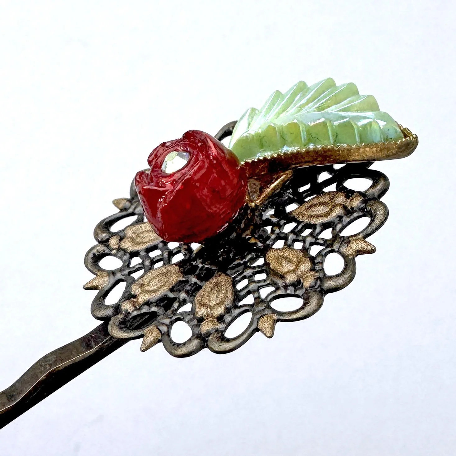 40s vintage red rosebud hair slides, vintage hair accessories