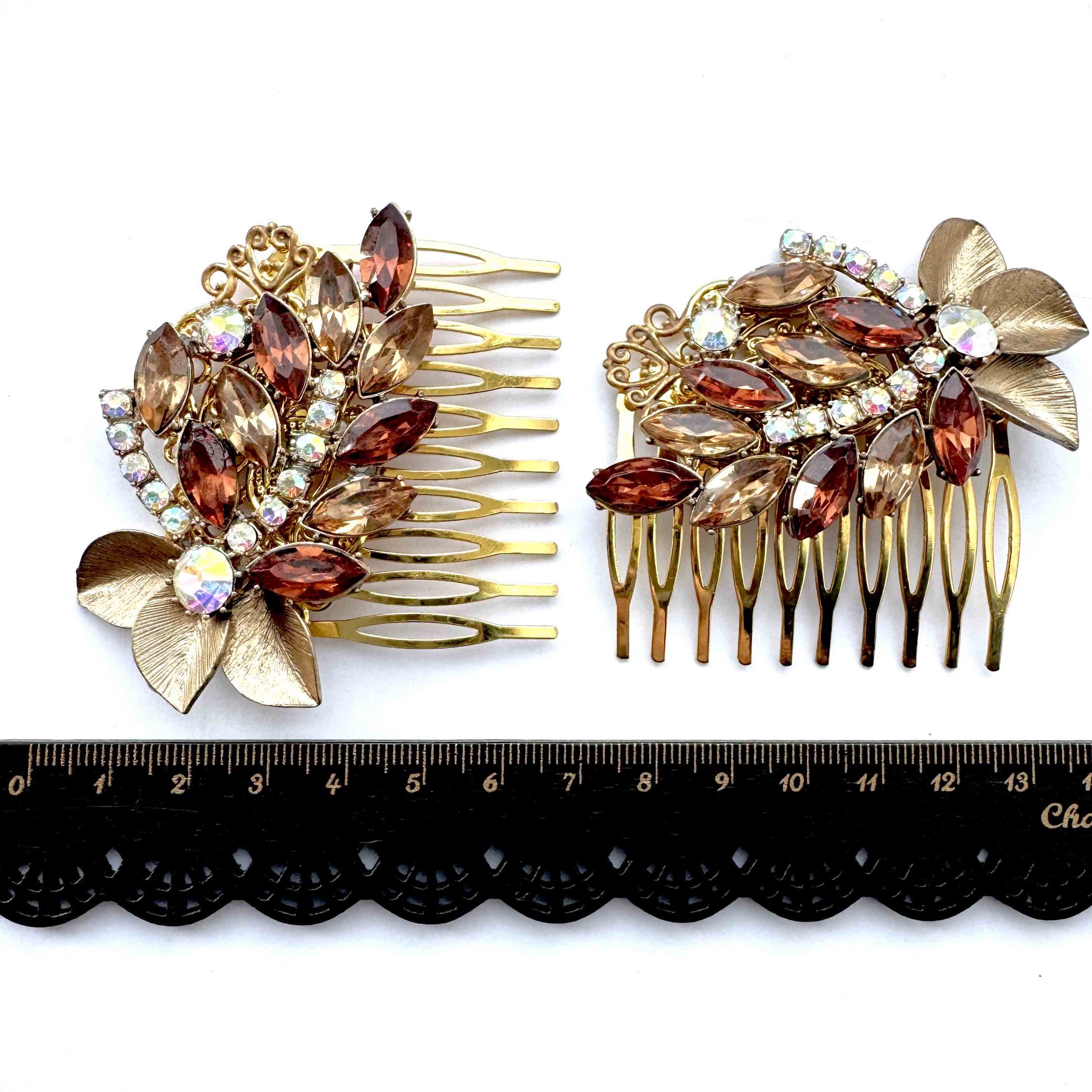 1950s antique topaz and amber rhinestone hair combs, vintage hair accessories