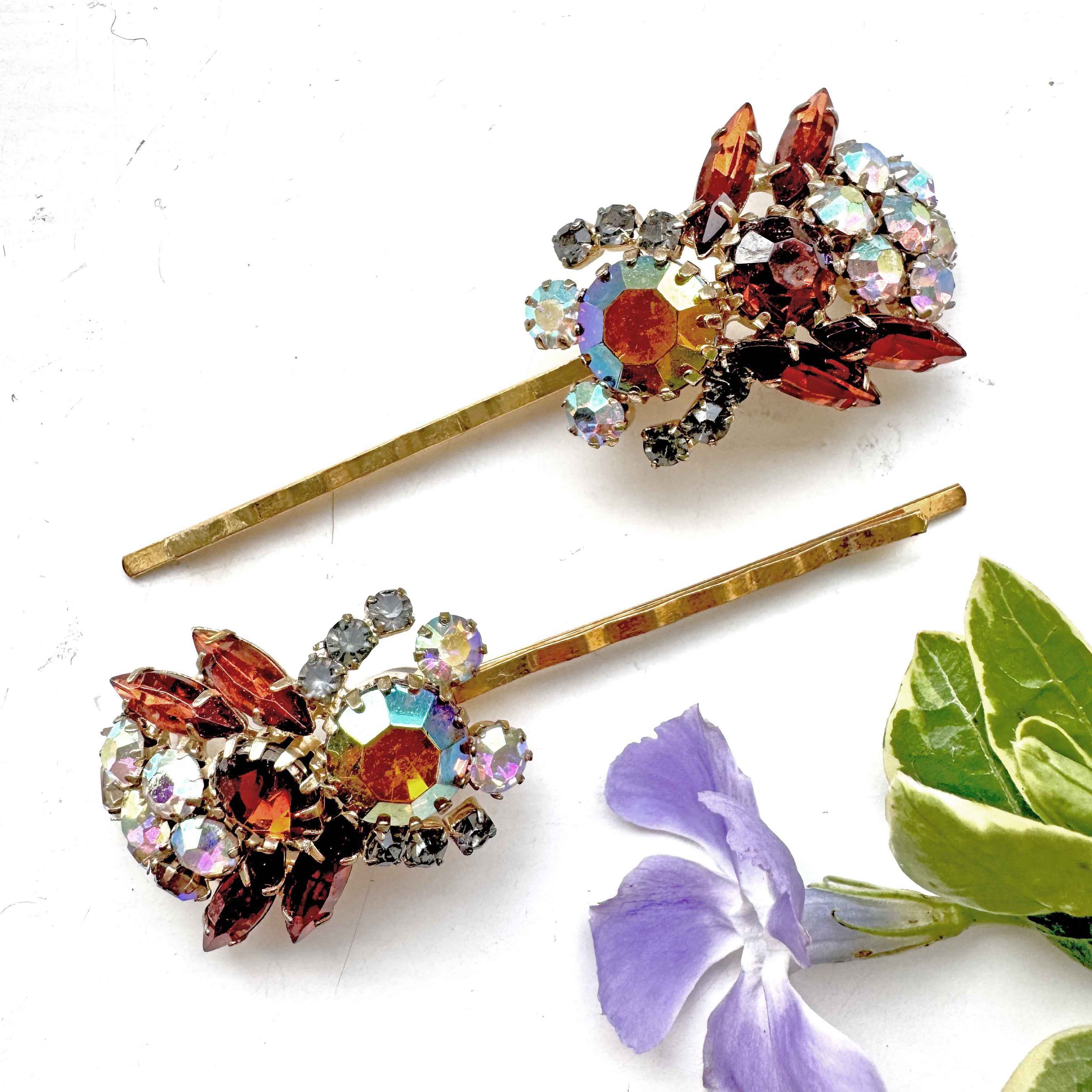 Pair Vintage Amber Rhinestone Bee Hair Pins VA1241