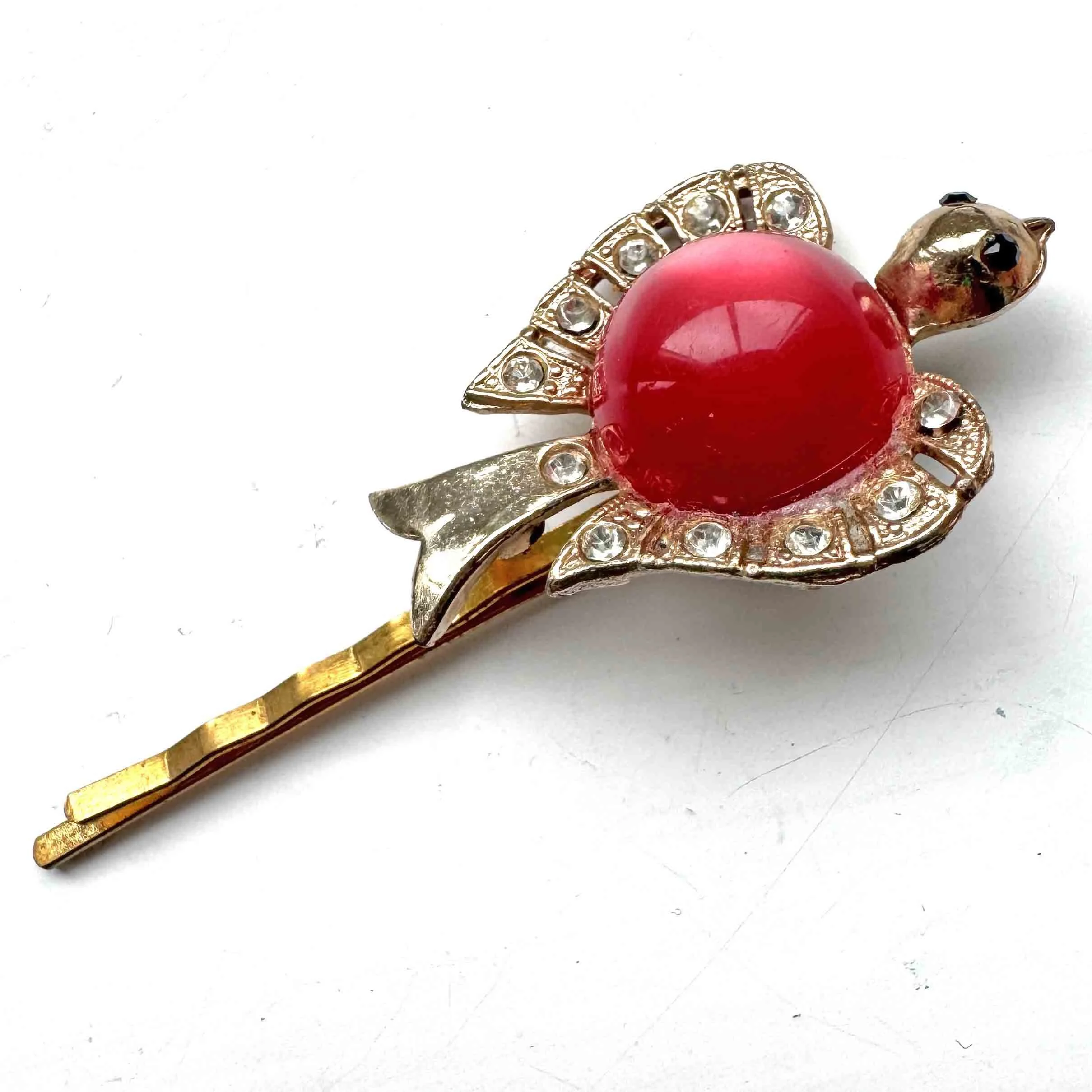 antique red bird hair pin, vintage hair accessories