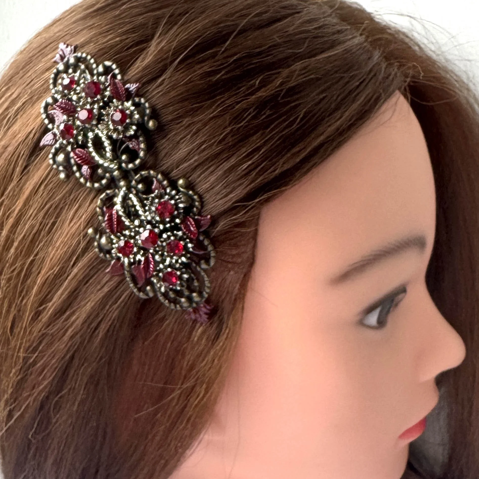 vintage 1950s ruby red jewelled french barrette, vintage hair accessories
