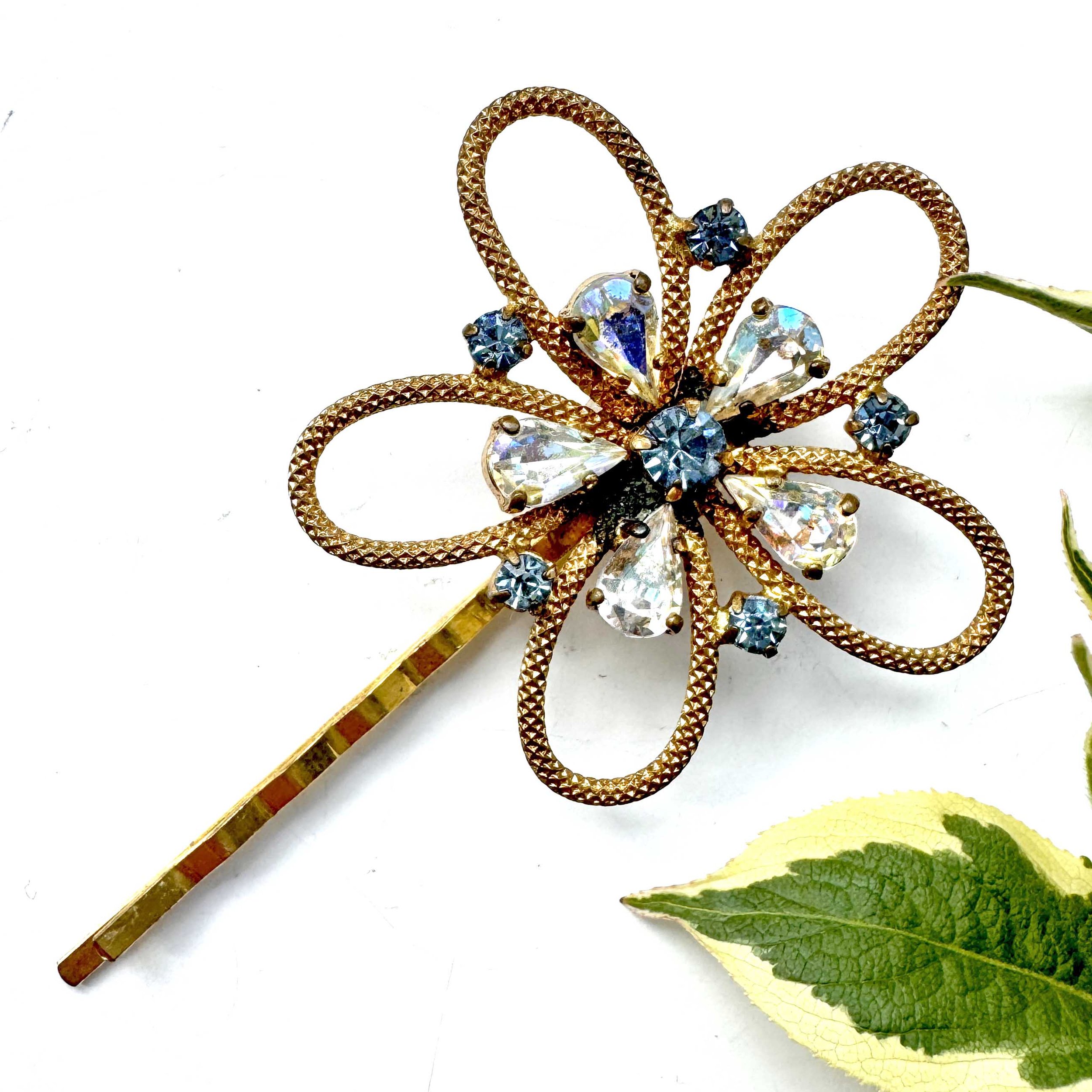 1950s vintage gold blue rhinestone hair pin, vintage hair accessories