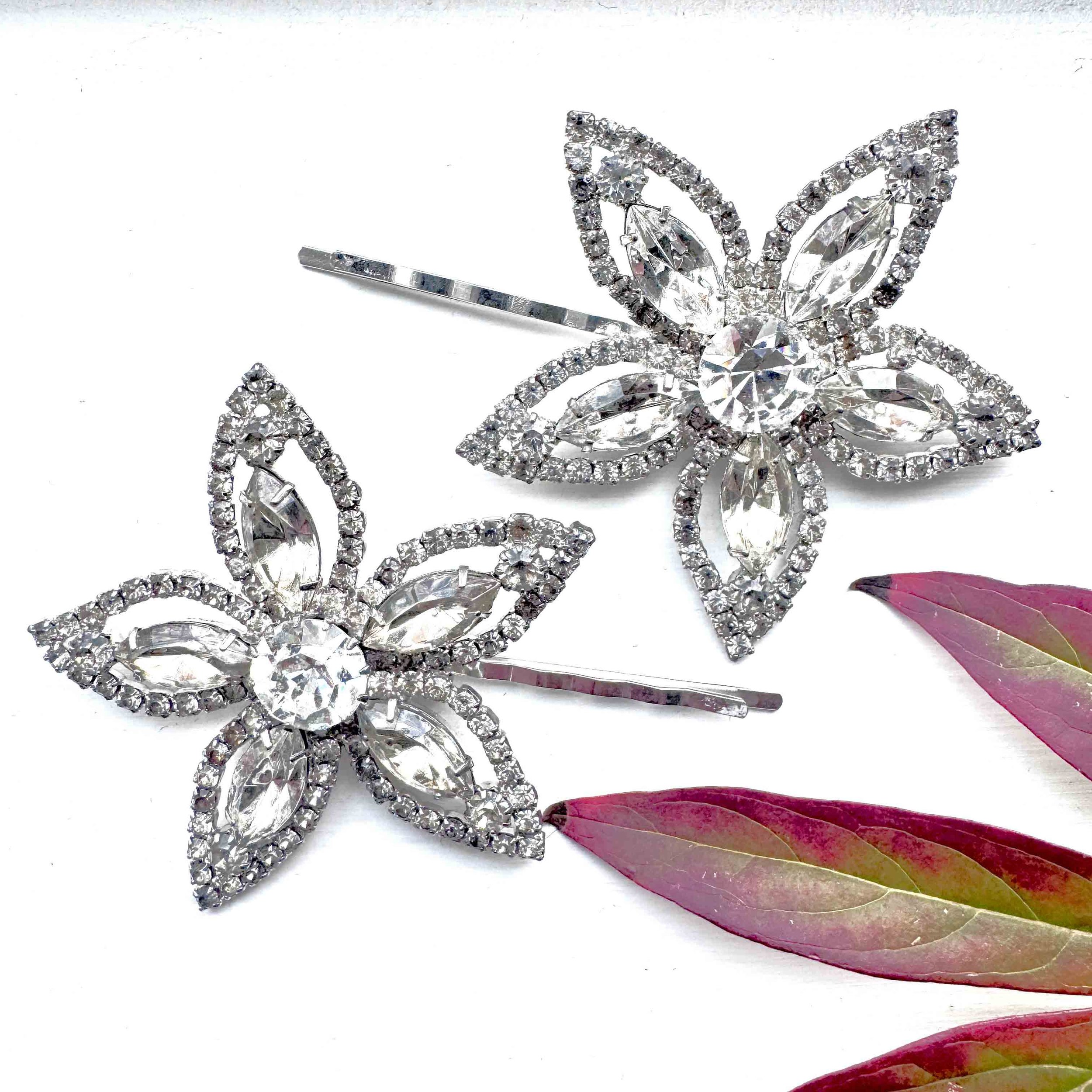 rhinestone flower hair pins, vintage jewelled hair clips, vintage hair accessories