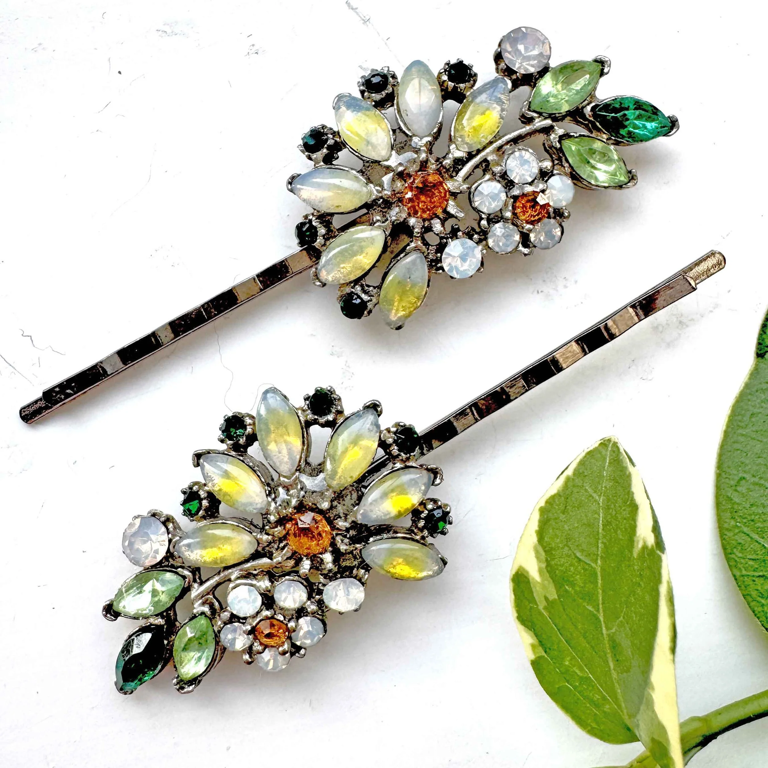 Pair Vintage Opal Yellow Jewelled Flower Hair Pins VA1246