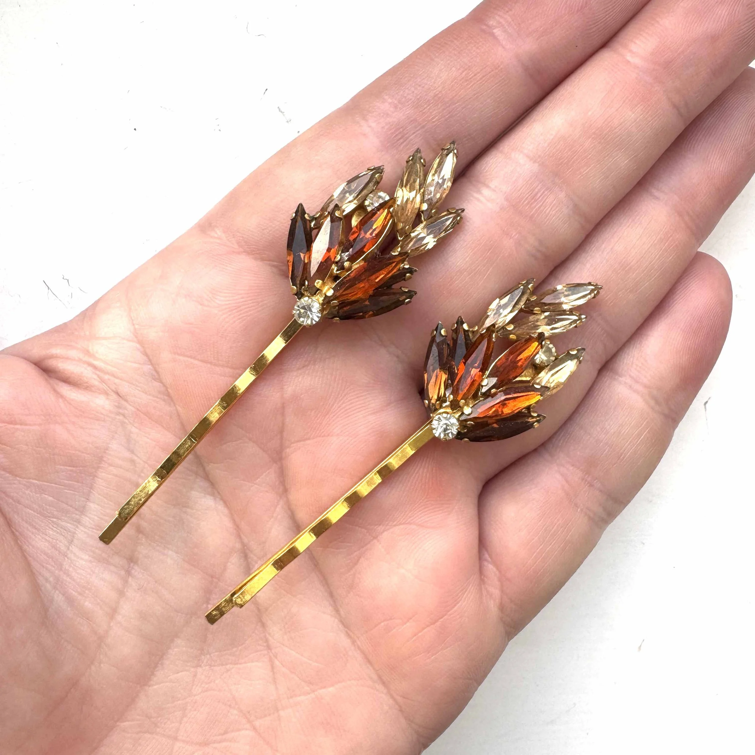 1950s vintage hair slides, amber rhinestone hair slides, vintage hair accessories